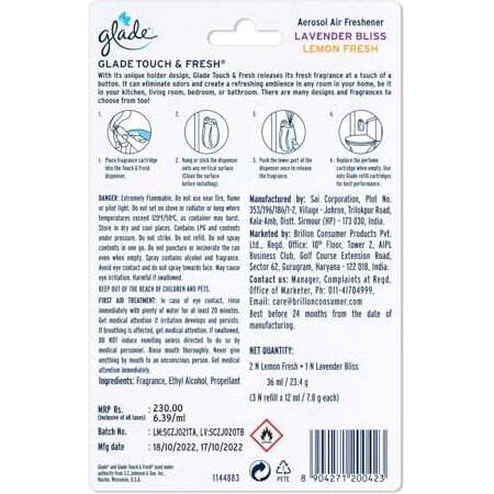 Glade Touch & Fresh Aerosol Air Freshener for Bathroom | 12ml Refill (Pack of 3) | Lasts up to 100 Sprays,Lavender | Lasting Fragrance with One Touch