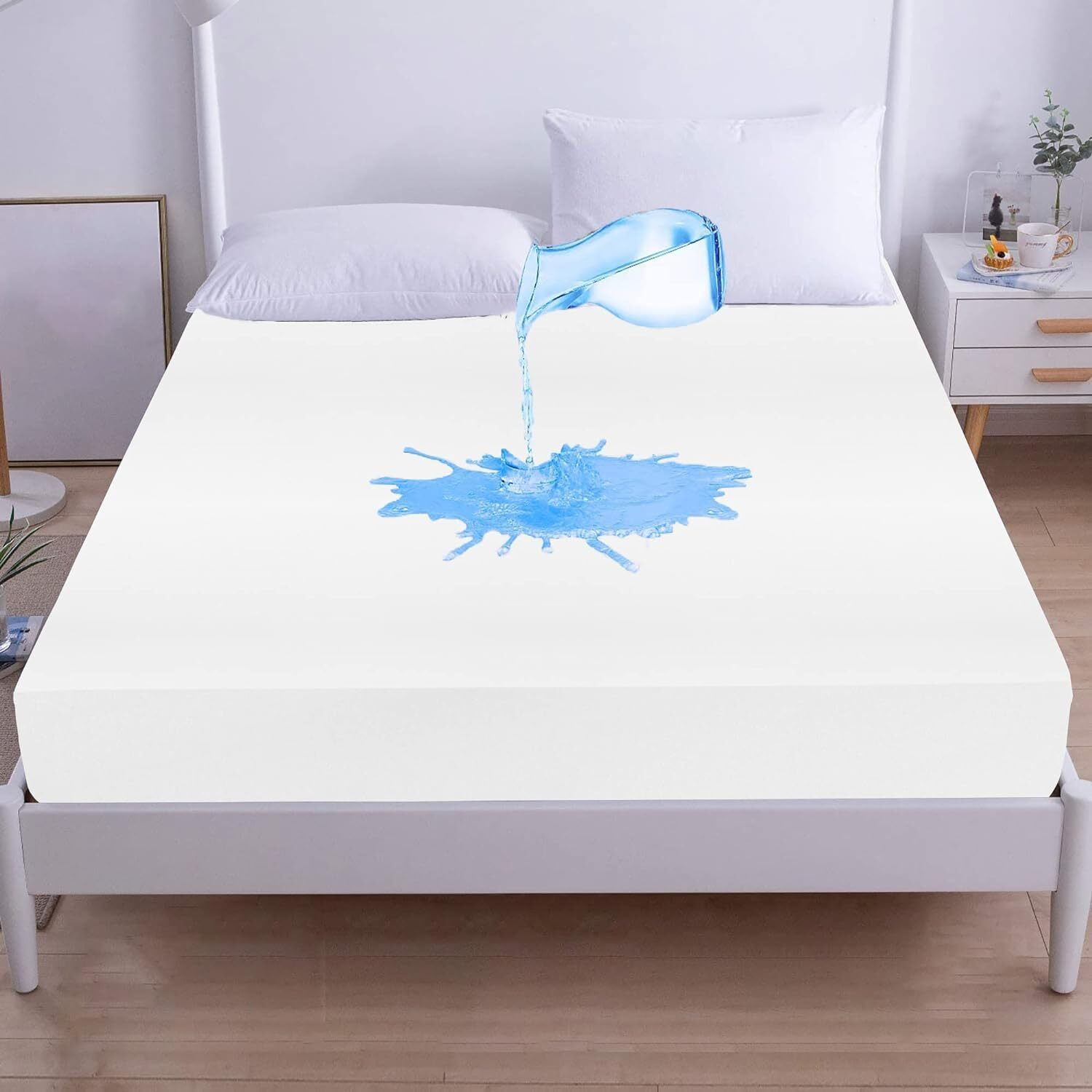 Mattress Protector Waterproof 215 GSM Double Bed Protector Mattress Cover (White, 78 X 84 Skirting 2-10 Inch)