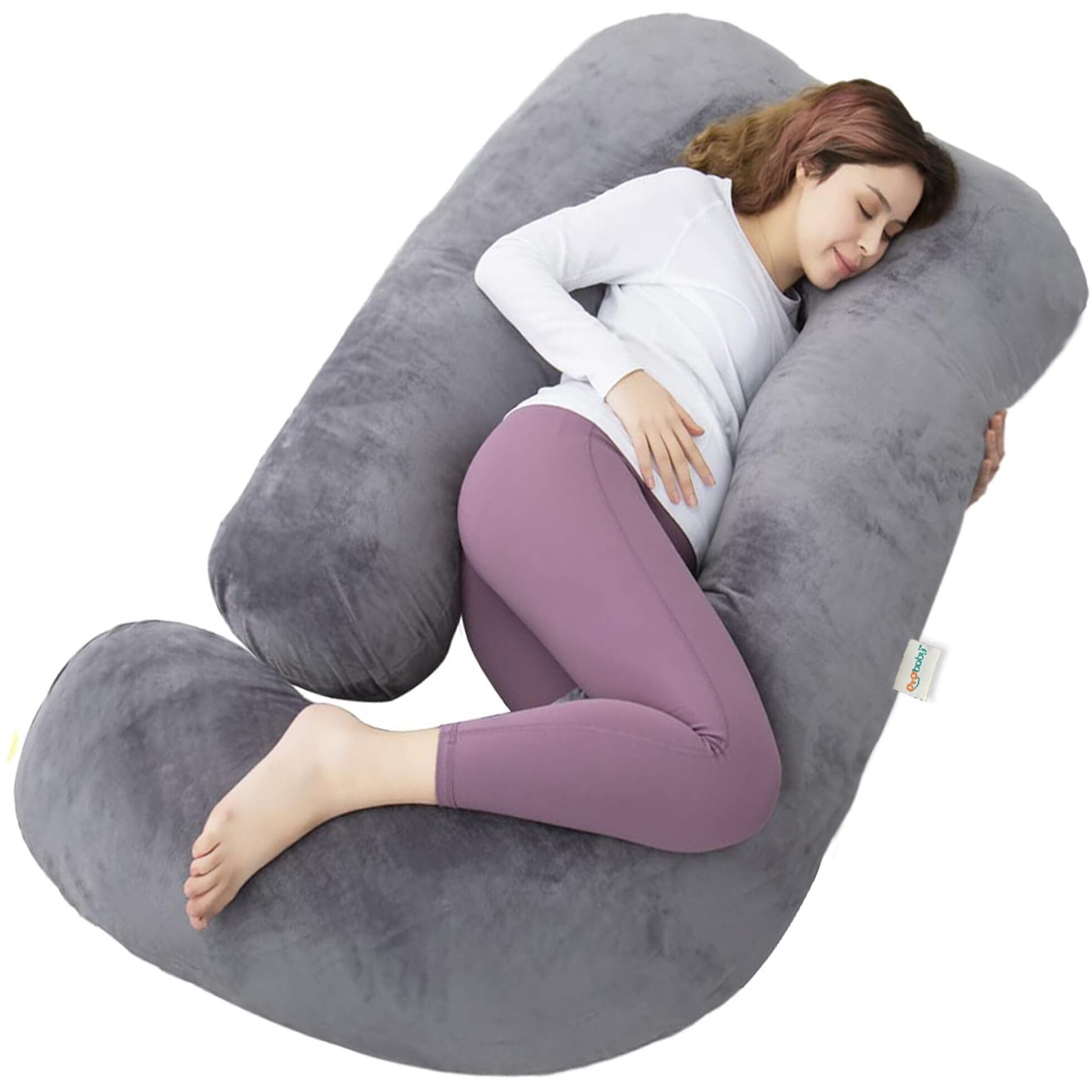 OYO BABY Pregnancy Pillows for Sleeping J-Shape Full Body Pillow and Maternity Support - for Back, Hips, Legs, Belly for Pregnant Women with Removable Washable Velvet Cover (Grey)