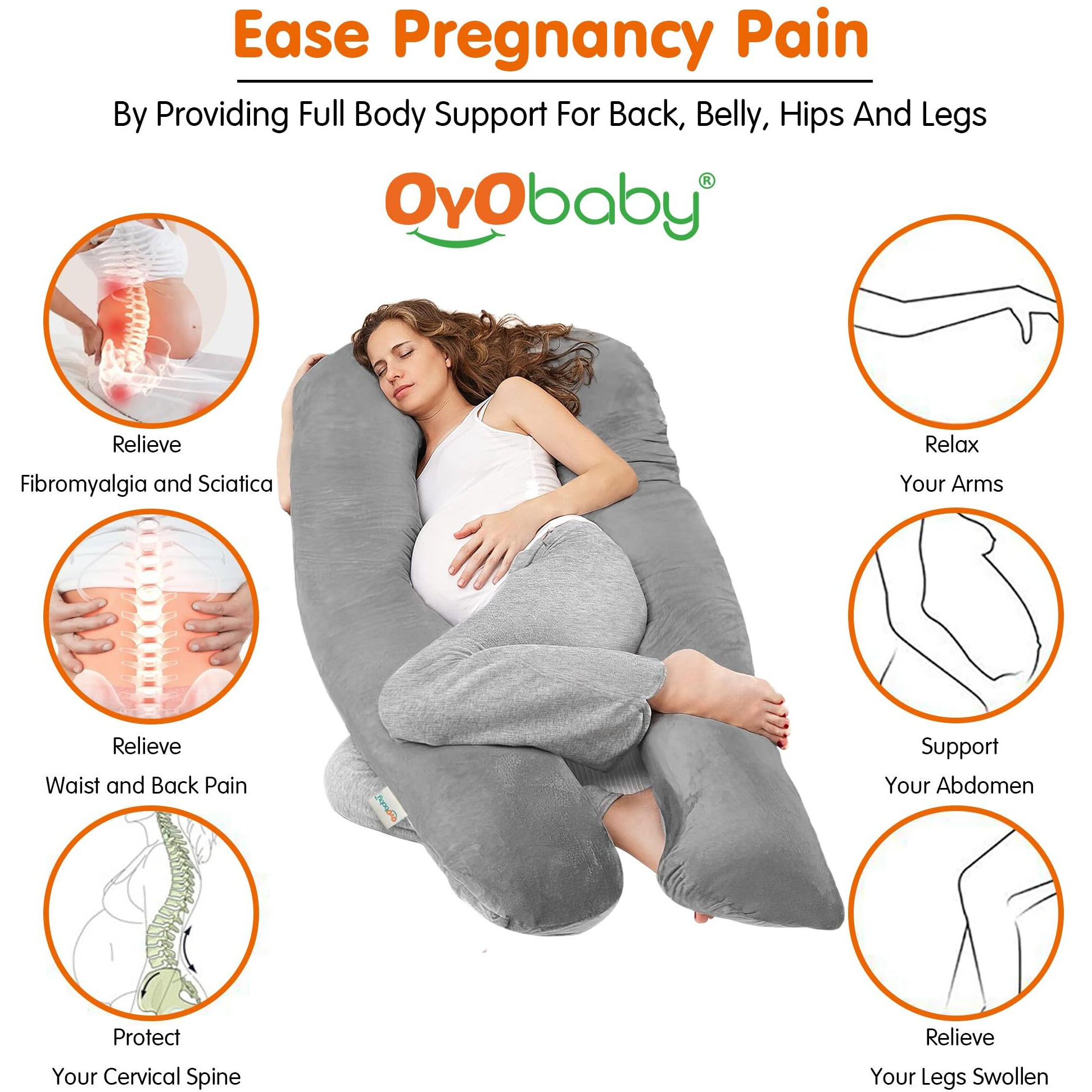 OYO BABY Pregnancy Pillows for Sleeping J-Shape Full Body Pillow and Maternity Support - for Back, Hips, Legs, Belly for Pregnant Women with Removable Washable Velvet Cover (Grey)