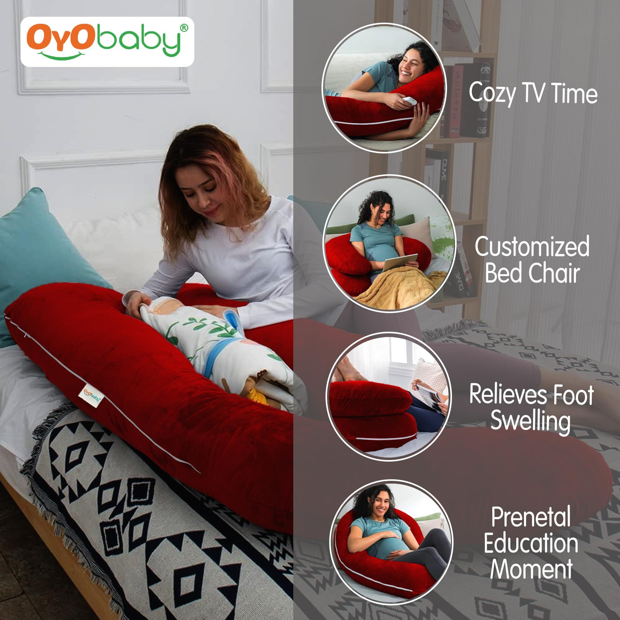 OYO BABY Maternity Pillows for Pregnancy Sleeping | Maternity Pillow for Pregnant Women | 360-degree Full Body Support | J-Shape Pillow | Velvet (Maroon)