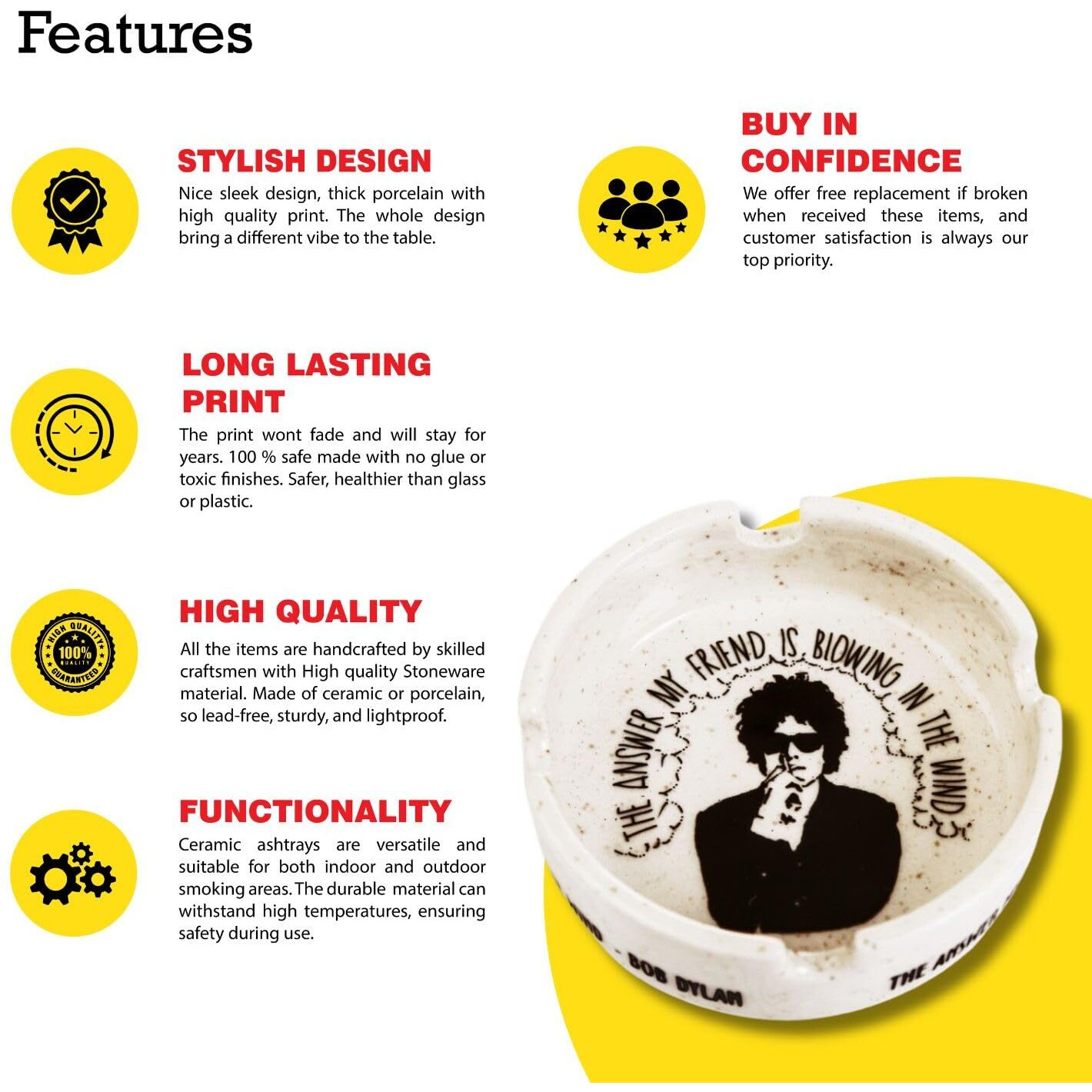 EK DO DHAI Bob Dylan Ashtray | Round in Shape | Classic Style | Ceremic Material | Light Weighted | Perfect for Gift & Occassion (Bob Dylan Ashtray)