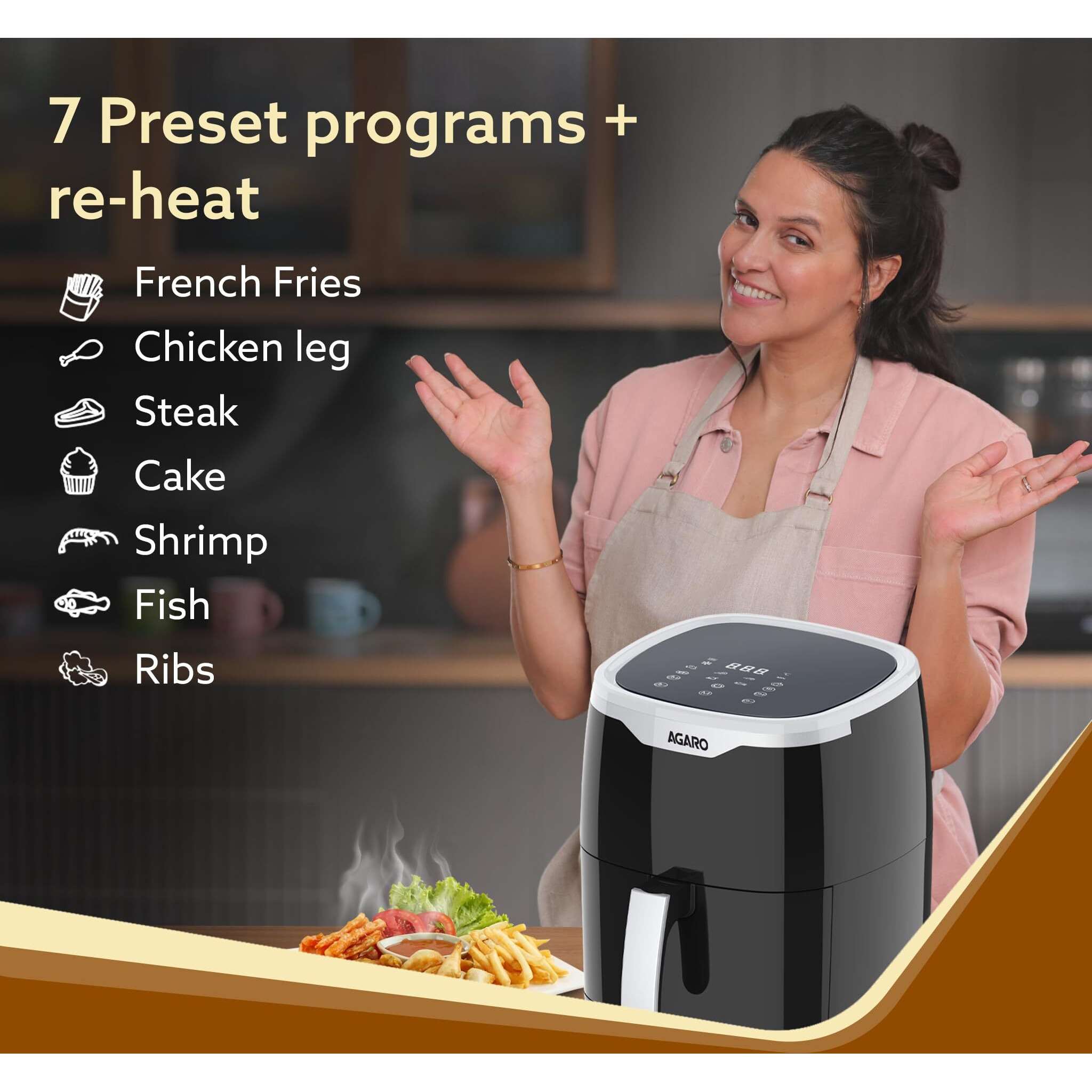 AGARO Galaxy Digital Air Fryer For Home, 4.5L, Electric Air Fryer, Convection Oven, 1400W, 7 Preset Programs & Reheat, 360 Degrees Air Circulation, Digital Touch Display, Bake, Roast, Toast, Black
