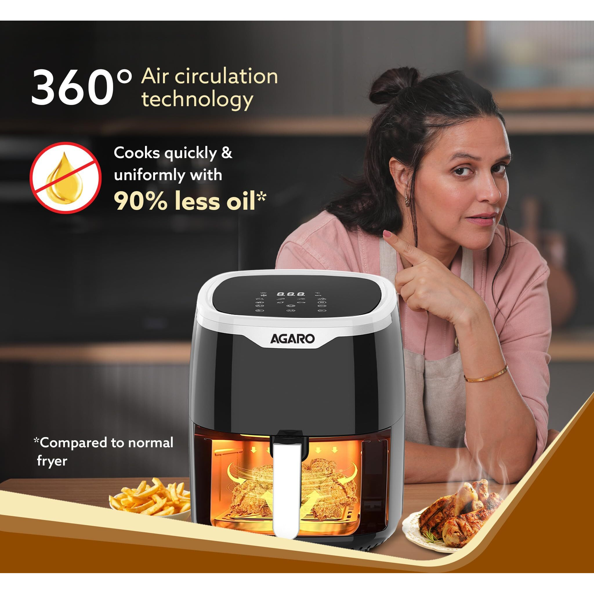 AGARO Galaxy Digital Air Fryer For Home, 4.5L, Electric Air Fryer, Convection Oven, 1400W, 7 Preset Programs & Reheat, 360 Degrees Air Circulation, Digital Touch Display, Bake, Roast, Toast, Black