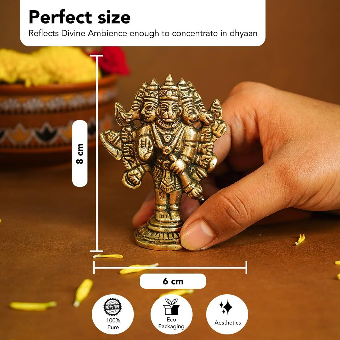 Ekhasa 100% Pure Brass Panchmukhi Hanuman (Size 8 cm) | Panchmukhi Hanuman Murti for Door Entrance | Panch Mukhi Hanuman Ji for Car Dashboard | Vastu Protection from Evil Eye