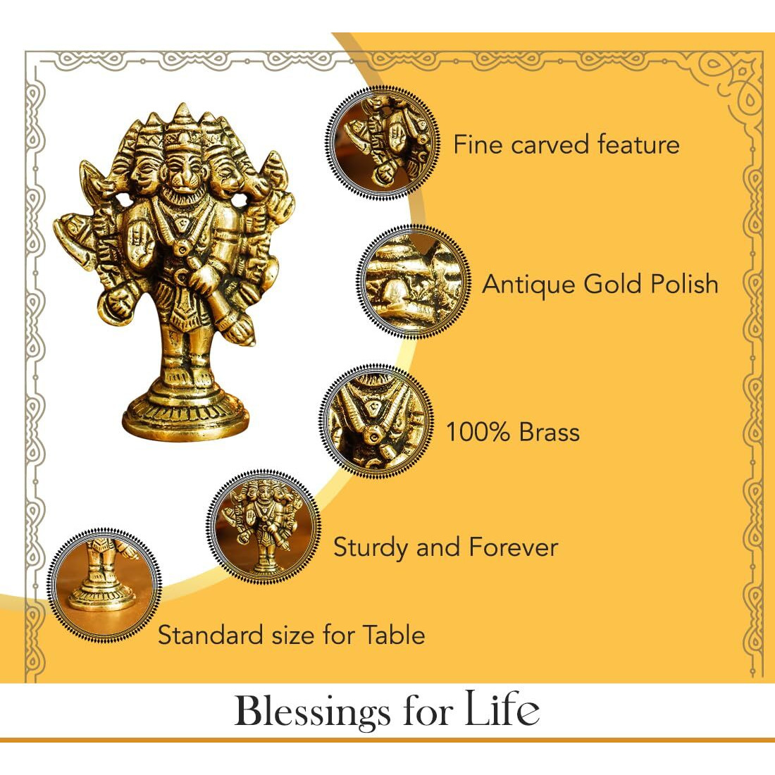 Ekhasa 100% Pure Brass Panchmukhi Hanuman (Size 8 cm) | Panchmukhi Hanuman Murti for Door Entrance | Panch Mukhi Hanuman Ji for Car Dashboard | Vastu Protection from Evil Eye