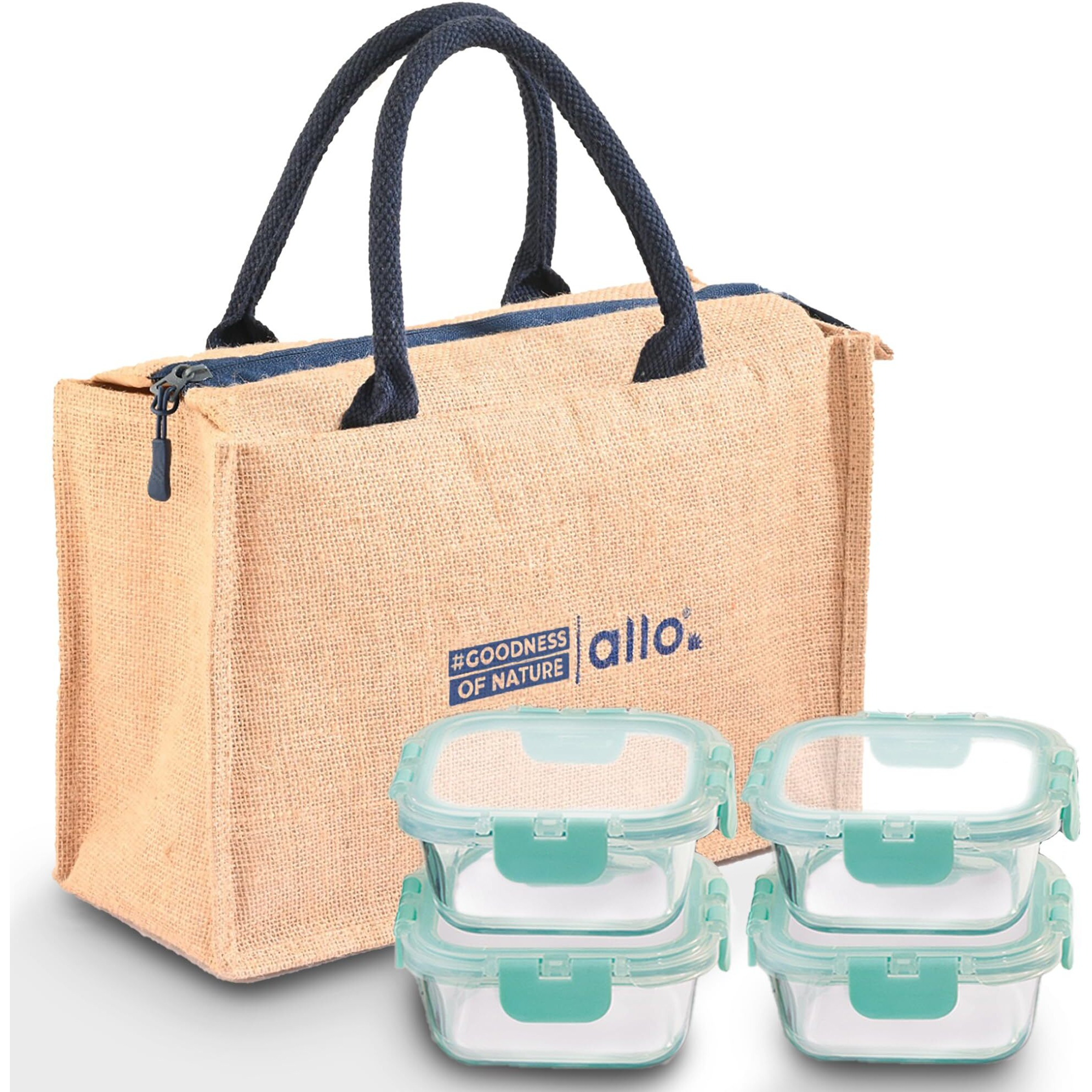 Allo Food Safe Glass Lunch Box With Breakfree Detachable Lock, Microwave Safe Lunch Box Borosilicate Glass Tiffin For Office With Jute Tiffin Bag, Set Of 4, 310Ml X 4, Beige
