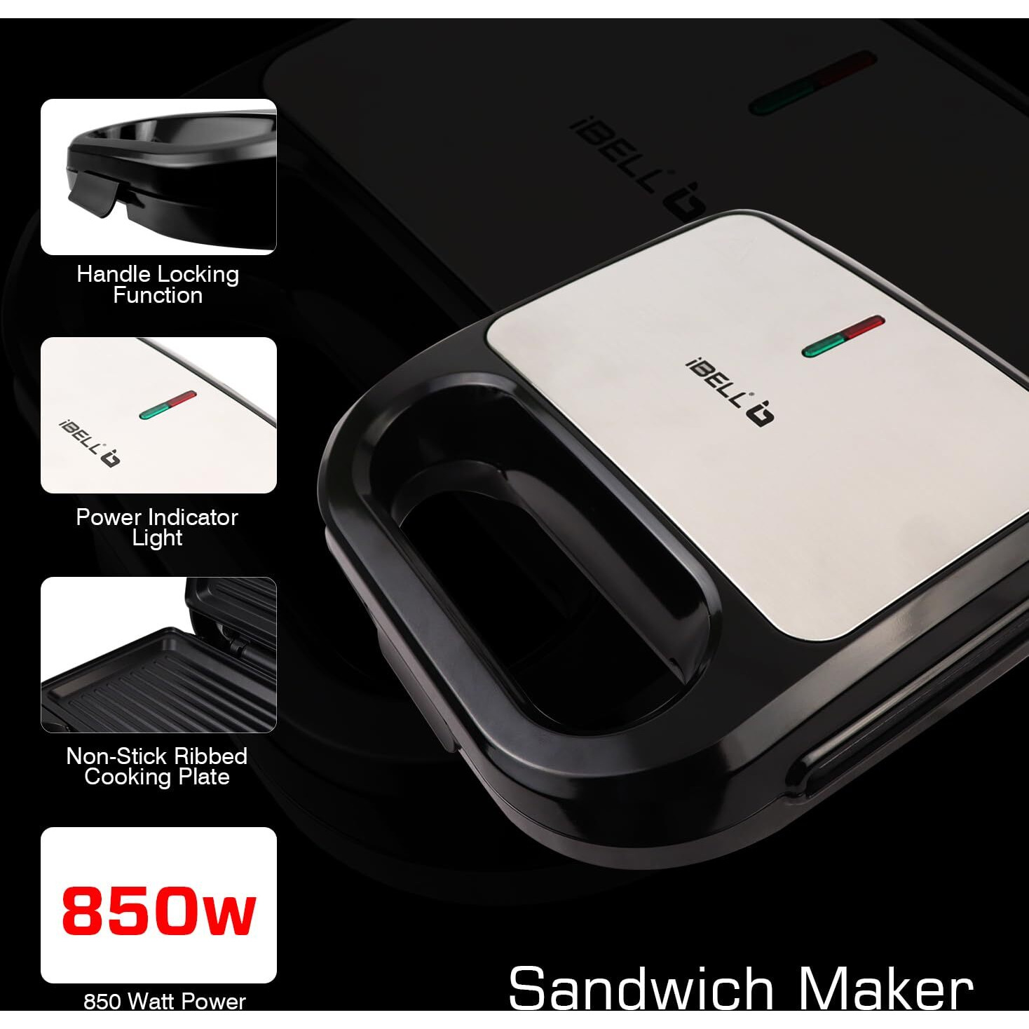 iBELL SM440 Sandwich Maker, Grill & Toast, Electric, Nonstick, 850 Watt (Black)