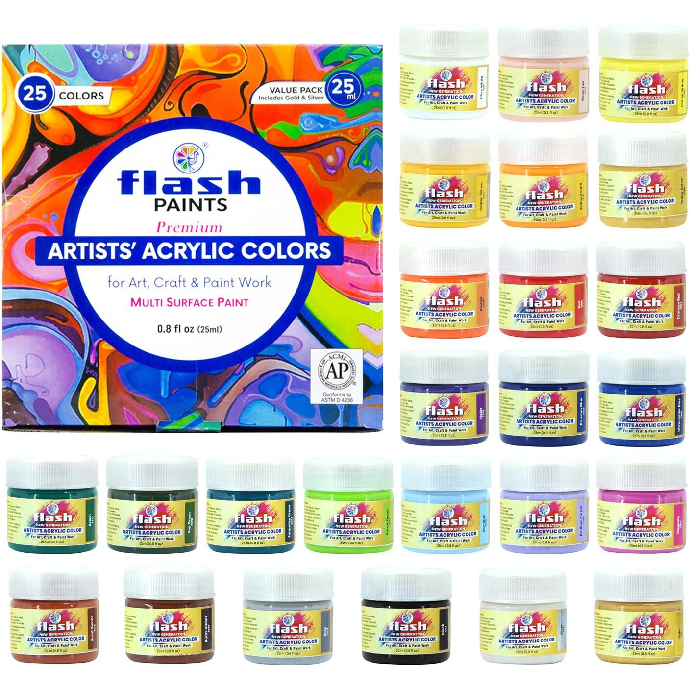 Flash Acrylic Paint Set For Adults Kids Professionals-25 Acrylic Colours Set of 25ml Each-High Pigment Strength Eco Friendly Non Fading Non Toxic Multi Surface Acrylic Paint (25 ml each, 25 Colours)