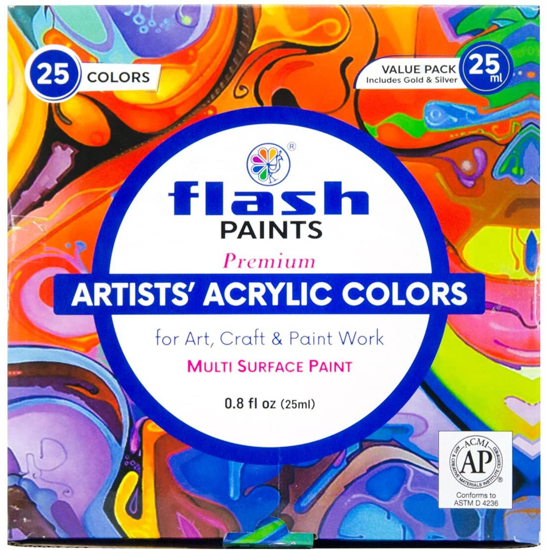 Flash Acrylic Paint Set For Adults Kids Professionals-25 Acrylic Colours Set of 25ml Each-High Pigment Strength Eco Friendly Non Fading Non Toxic Multi Surface Acrylic Paint (25 ml each, 25 Colours)