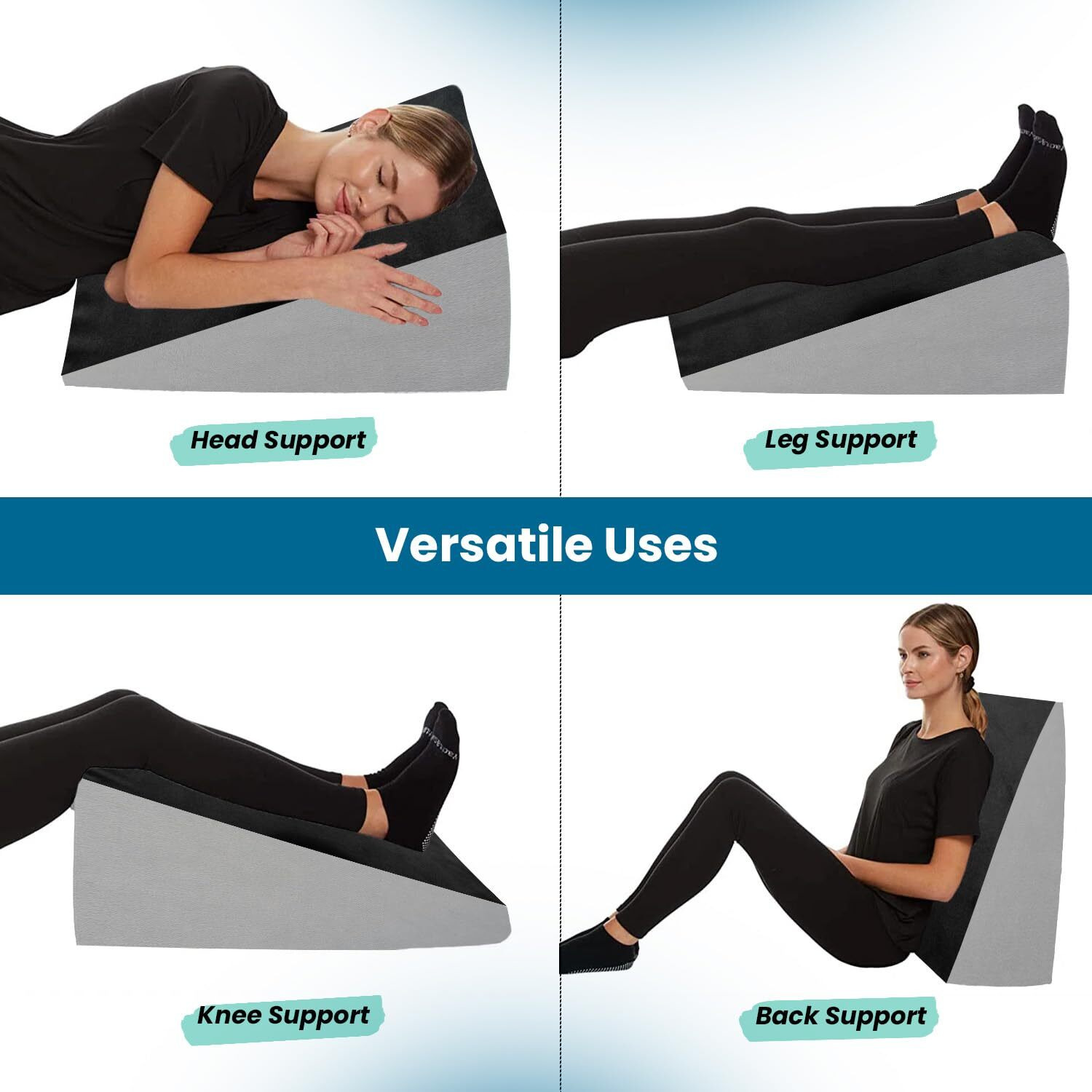 Sleepsia Orthopedic Memory Foam Bed Wedge Incline Pillow for Neck & Back Pain Support - Sleeping, Acid Reflux, Heartburn, GERD, Reading, Post-Surgical, Leg Elevation (Black/Grey)