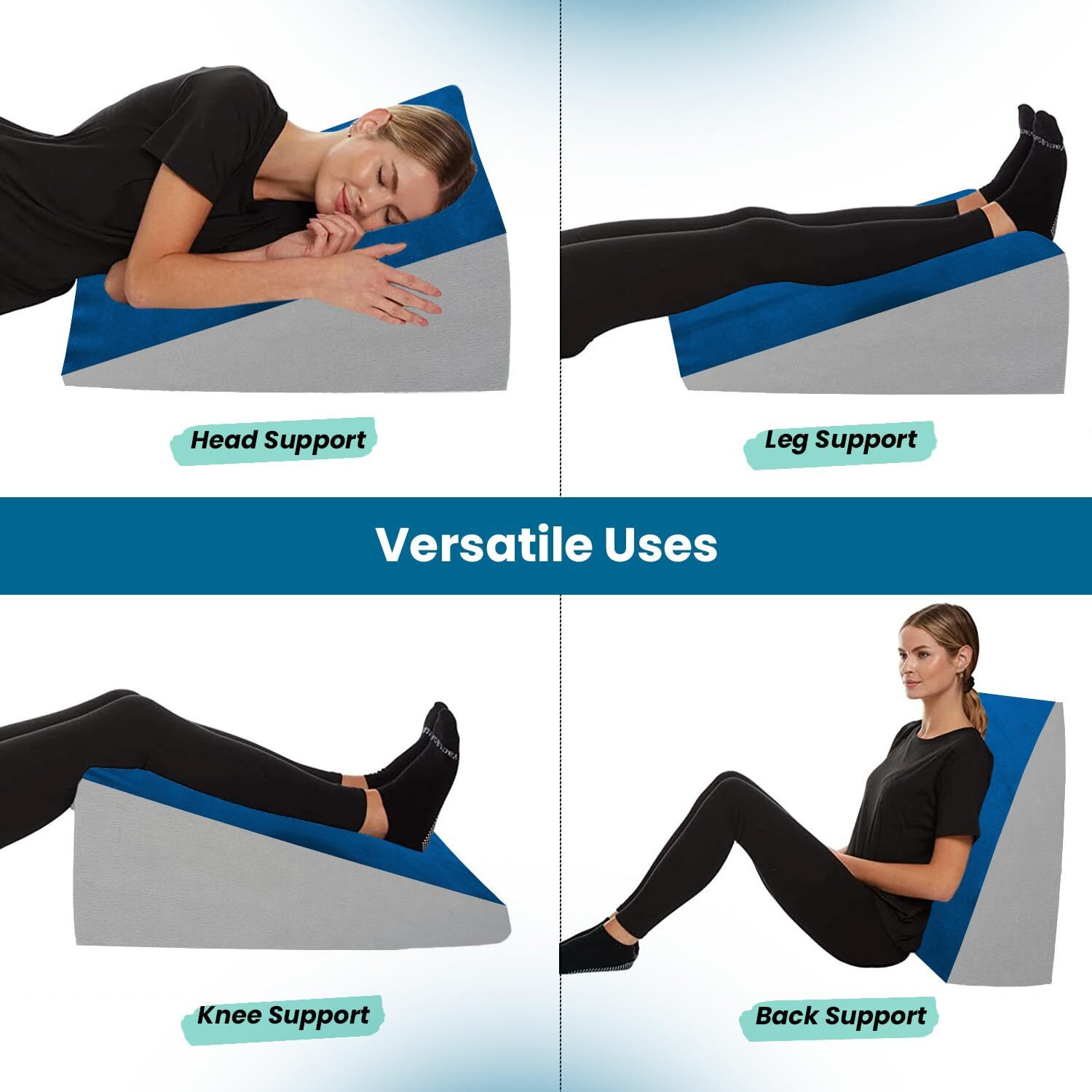 Sleepsia Orthopedic Memory Foam Bed Wedge Incline Pillow for Neck & Back Pain Support - Sleeping, Acid Reflux, Heartburn, GERD, Reading, Post-Surgical, Leg Elevation (Blue/Grey, Memory Foam)