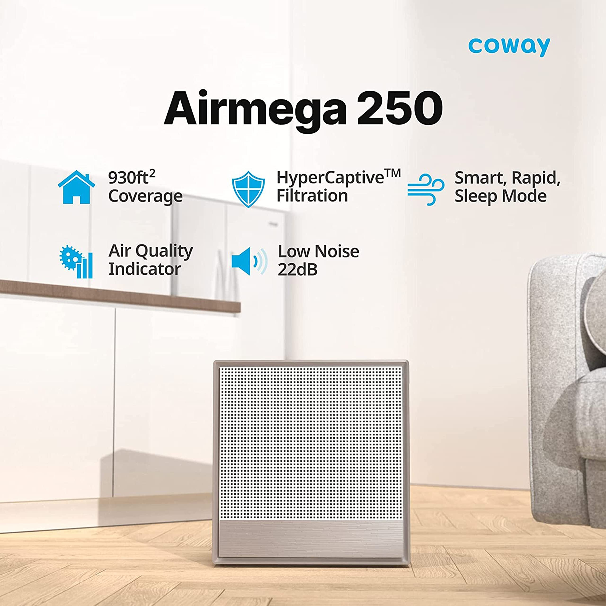 Coway AirMega 250 Professional Air Purifier for Home, Longest Filter Life 8500 Hrs, Green True HEPA Filter, Traps 99.99% Virus & PM 0.1 Particles, Manufacturer Warranty 7 Years