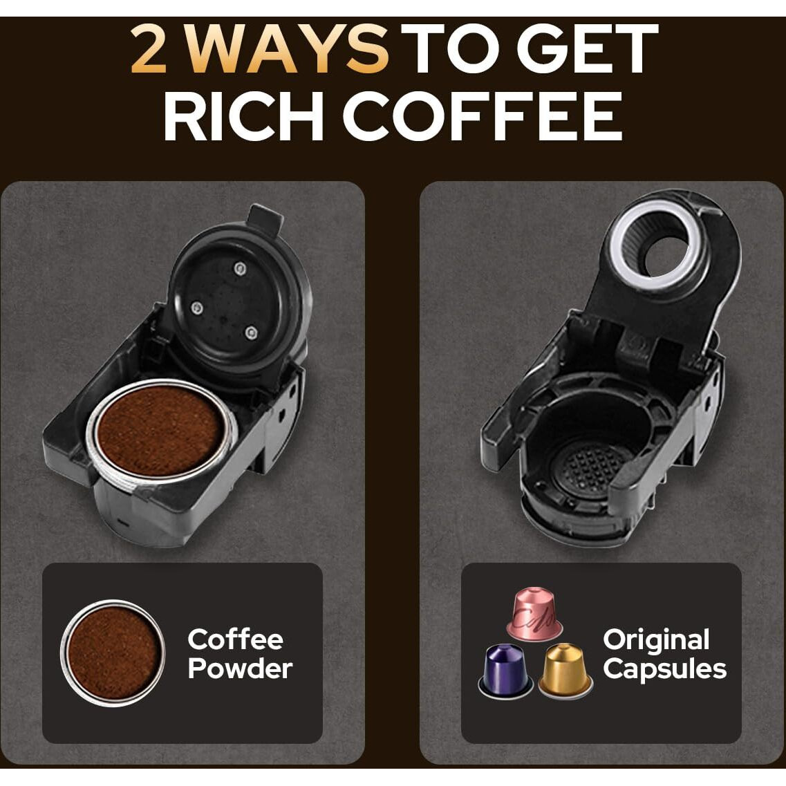 Costar Capsules & Coffee Powder 2-in-1 Espresso Machine, 20 Bar Capsules Maker Compatible for NS Original Capsules/Coffee Powder with Fast Heating System for Espresso, Simple Touch Operation, 1450W