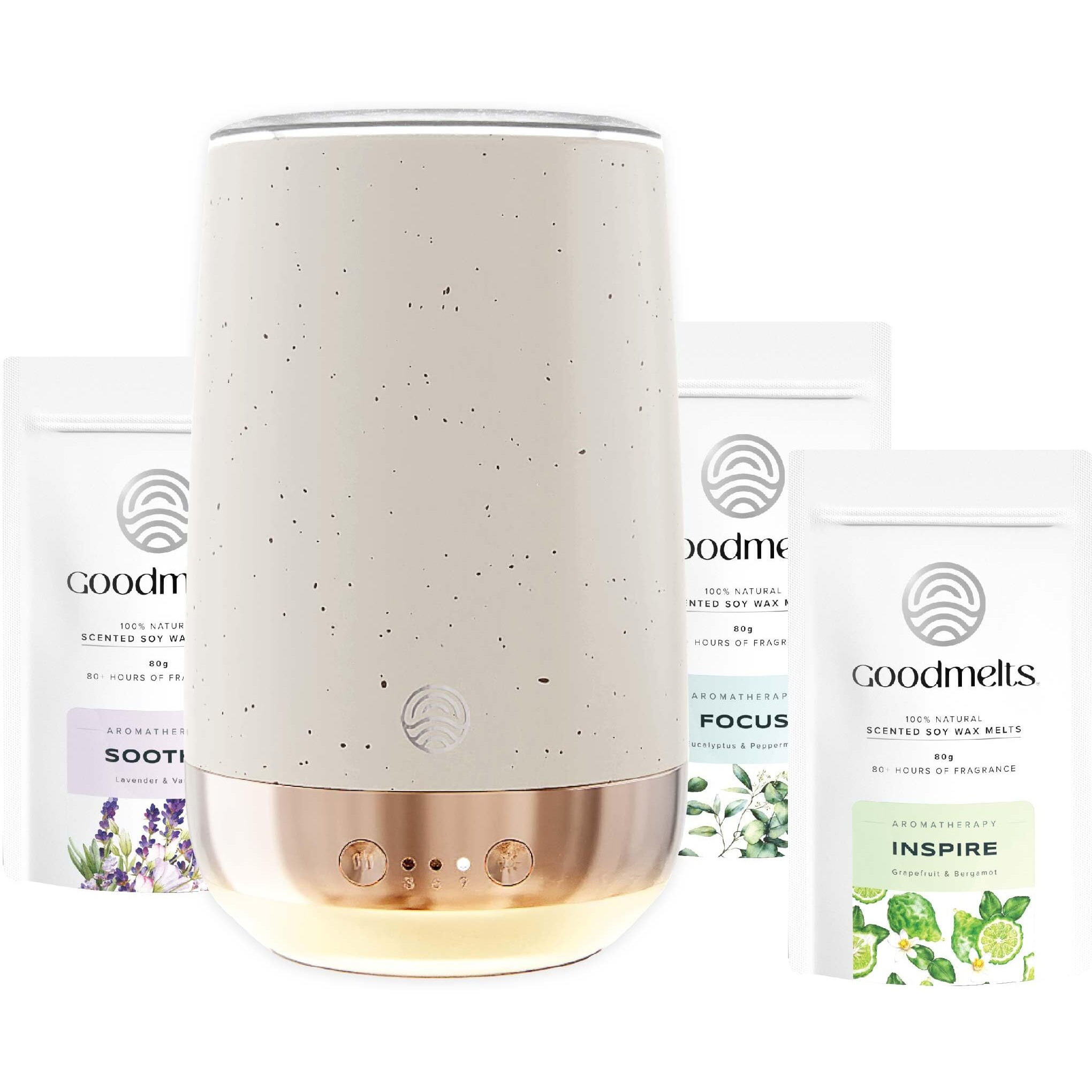 GOODMELTS Speckled White Wax Melting Starter Kit Aromatherapy Aroma Diffuser - Includes 1 Wax Warmer & 3 Scented Soy Wax Melts 80 Gram | 240+ Hours Scent Time, Aromatic