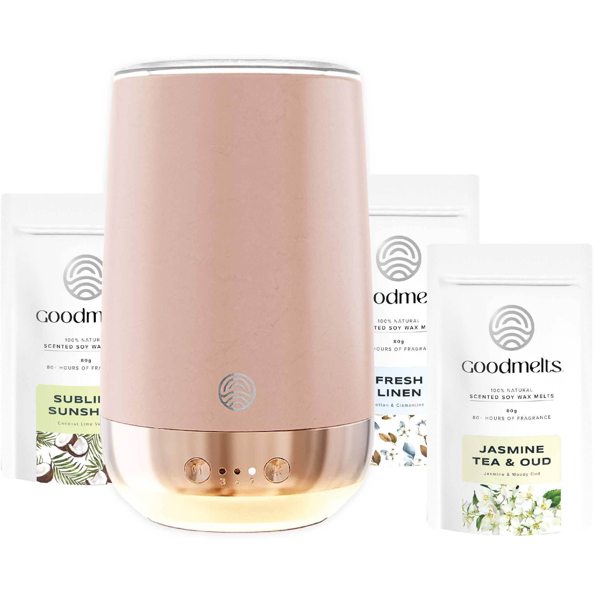 GOODMELTS Ceramic, Abs Plastic, Silicone, Soy Wax Matt Pink Wax Melting Starter Kit Versatile Aroma Diffuser - Includes 1 Wax Warmer & 3 Scented Soy Wax Melts 80 Gram | 240+ Hours Scent Time