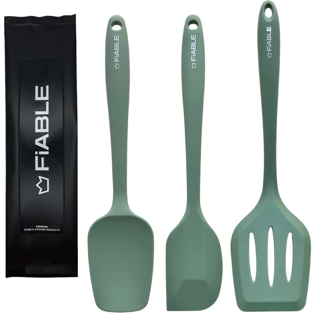 FiABLE Premium Big Silicone Spatula for Cooking - Set of 3 - High Heat Resistant, Seamless Design Silicone Spatulas -1 Big Spoonula, 1 Big Spatula, 1 Big Turner - Green