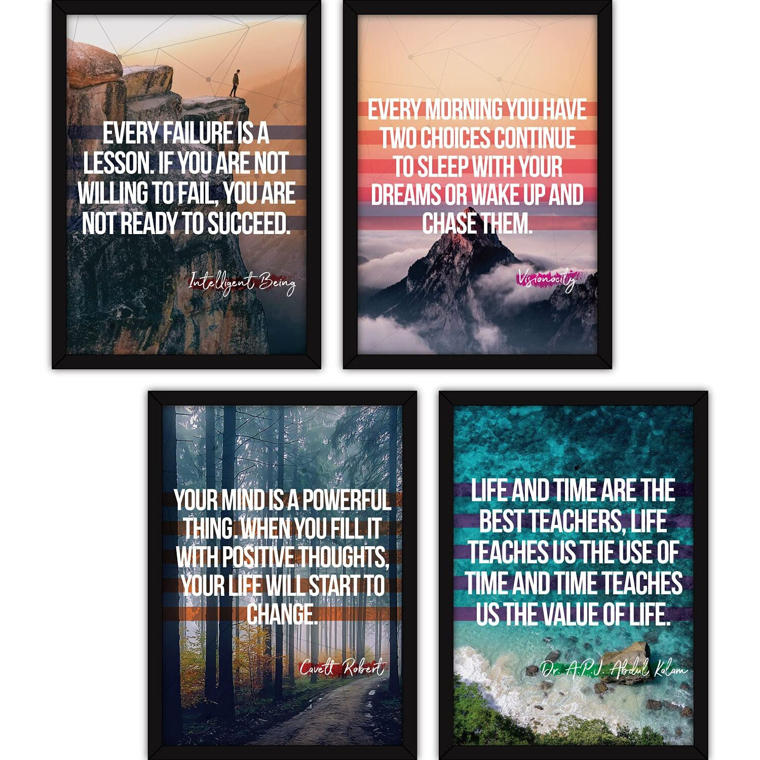 FATMUG Synthetic Framed Wall Paintings Inspiring Quotes For Office And Home - Set Of 4 With Glass - Dreams
