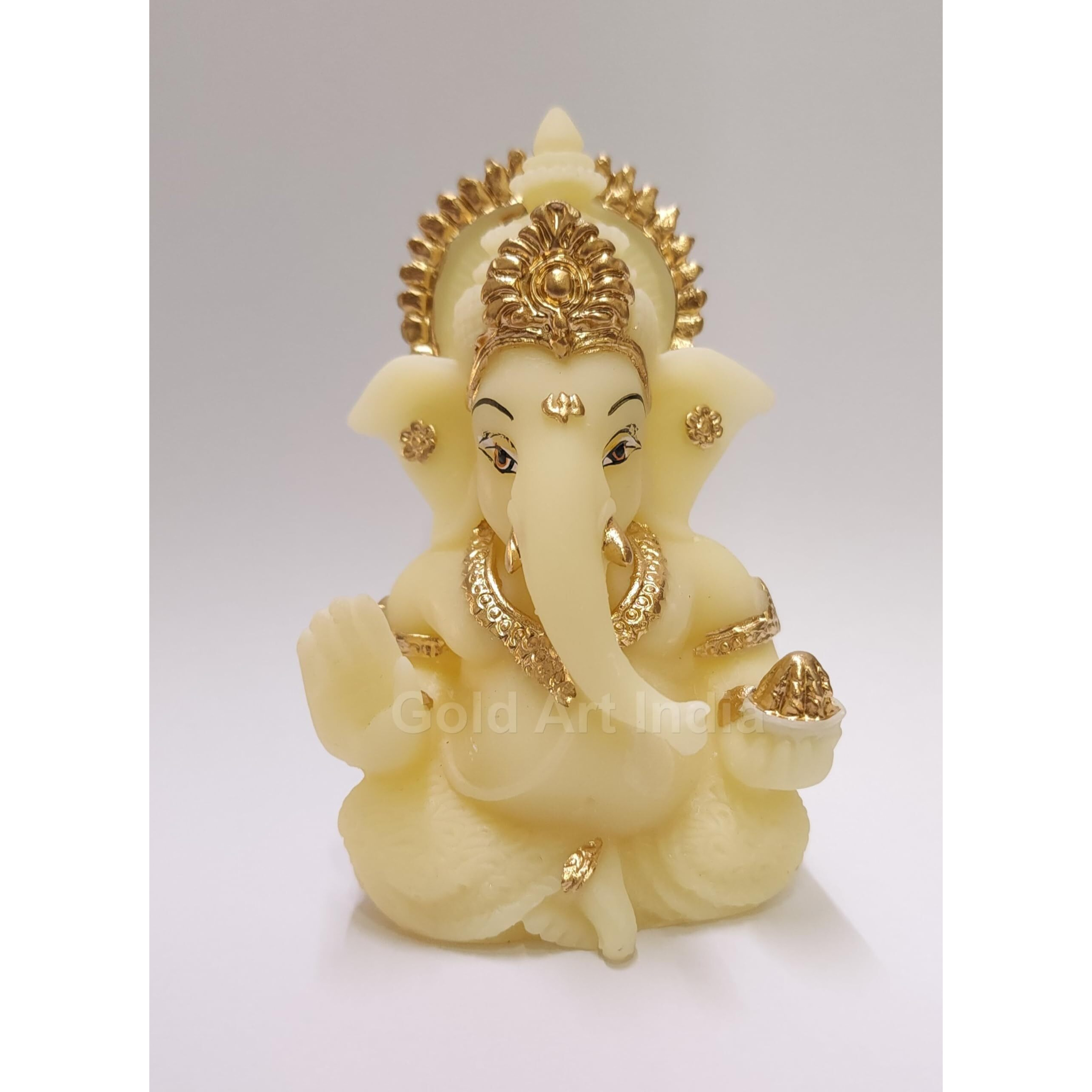 Gold Art India Resin Ivory Finish With Gold Color Ganesh Idol For Car Dashboard God Ganesha Idol For Home Decor Ganpati For Gift Car Dashboard, Office Desk, Home Decor, Gifting (Goldivorymukut 3.5)