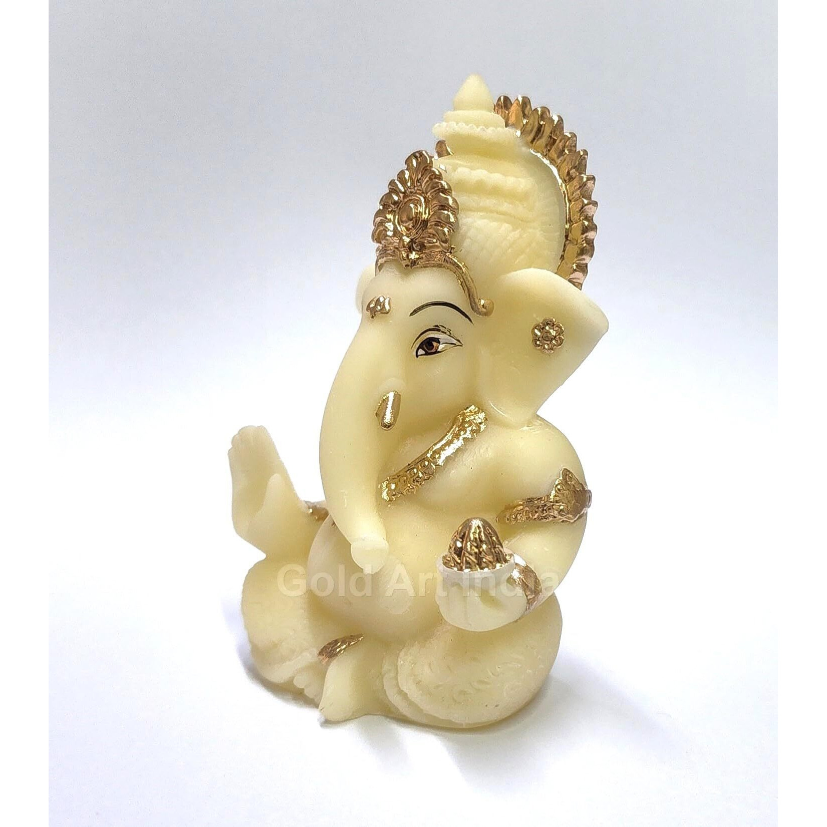Gold Art India Resin Ivory Finish With Gold Color Ganesh Idol For Car Dashboard God Ganesha Idol For Home Decor Ganpati For Gift Car Dashboard, Office Desk, Home Decor, Gifting (Goldivorymukut 3.5)
