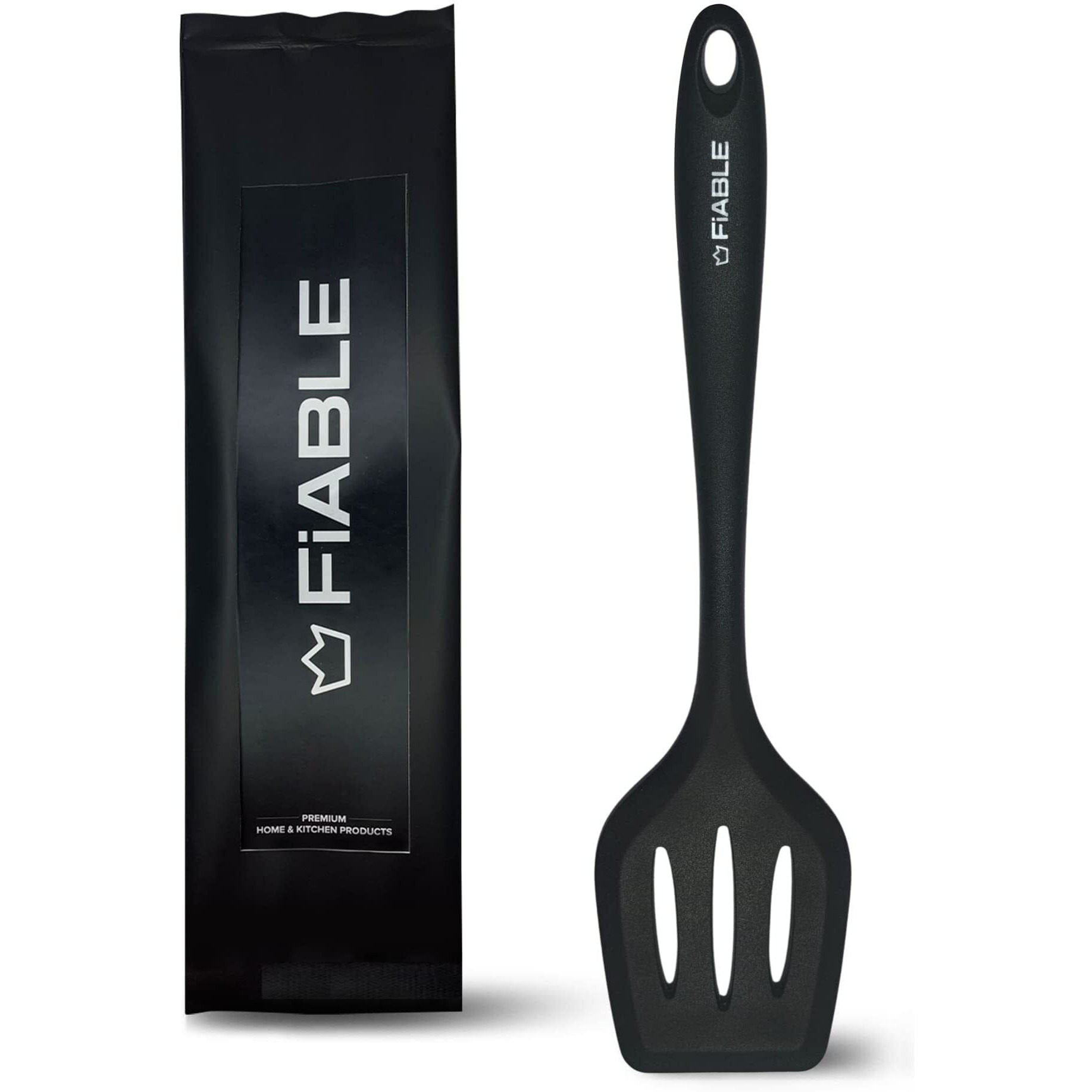 FiABLE Premium Big Silicone Turner Spatula - Perfectly Angled | 30cm by 8cm - 1 Year Warranty - 230C Heat-Resistant - FDA Approved Food Grade Silicone - Seamless Design - Turner Black