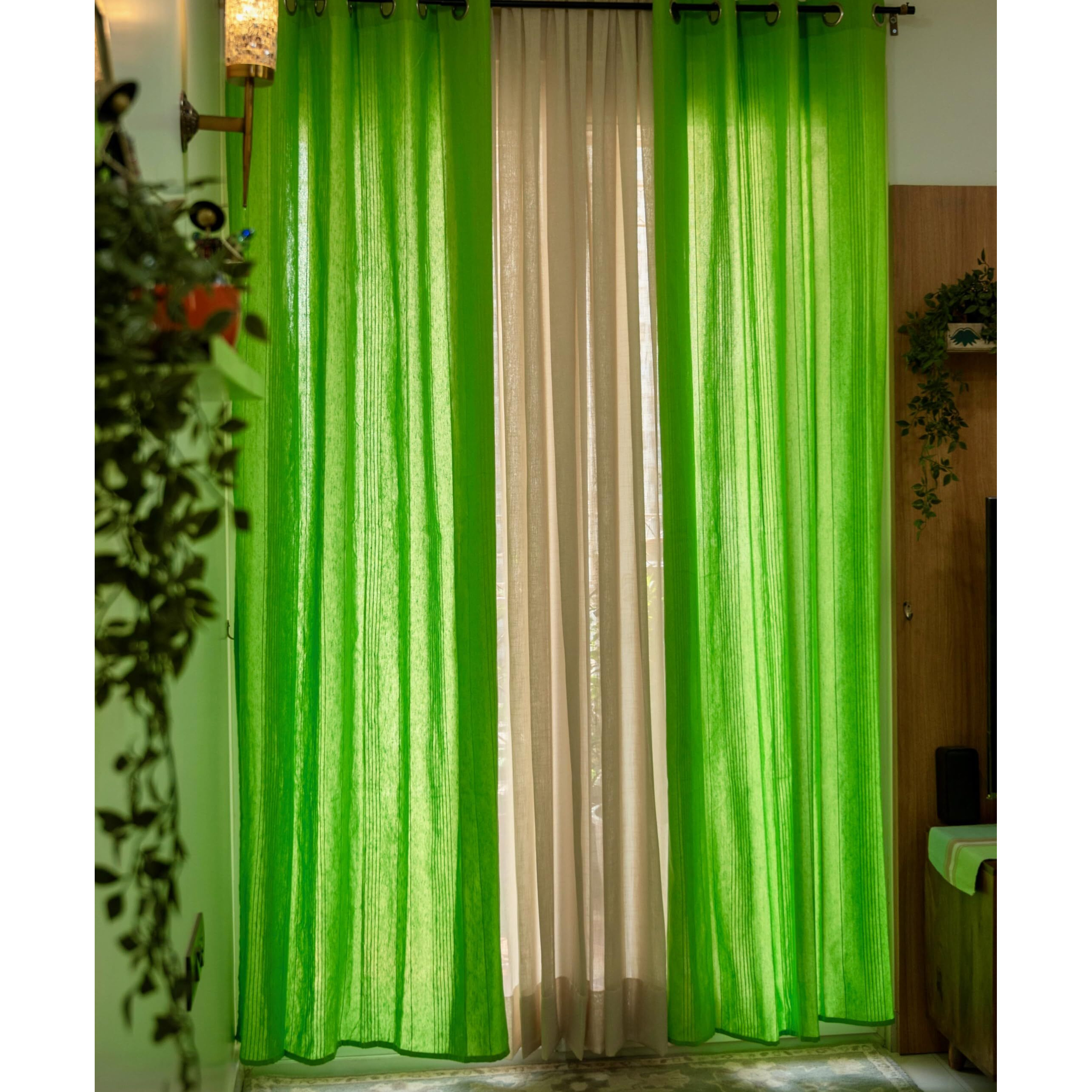 RANGBHAR Handloom Cotton Curtains for Windows, Cotton Curtains 5 Feet Set of 2 with Eyelets, (Solid Green, Window-5 Feet X 4 Feet)