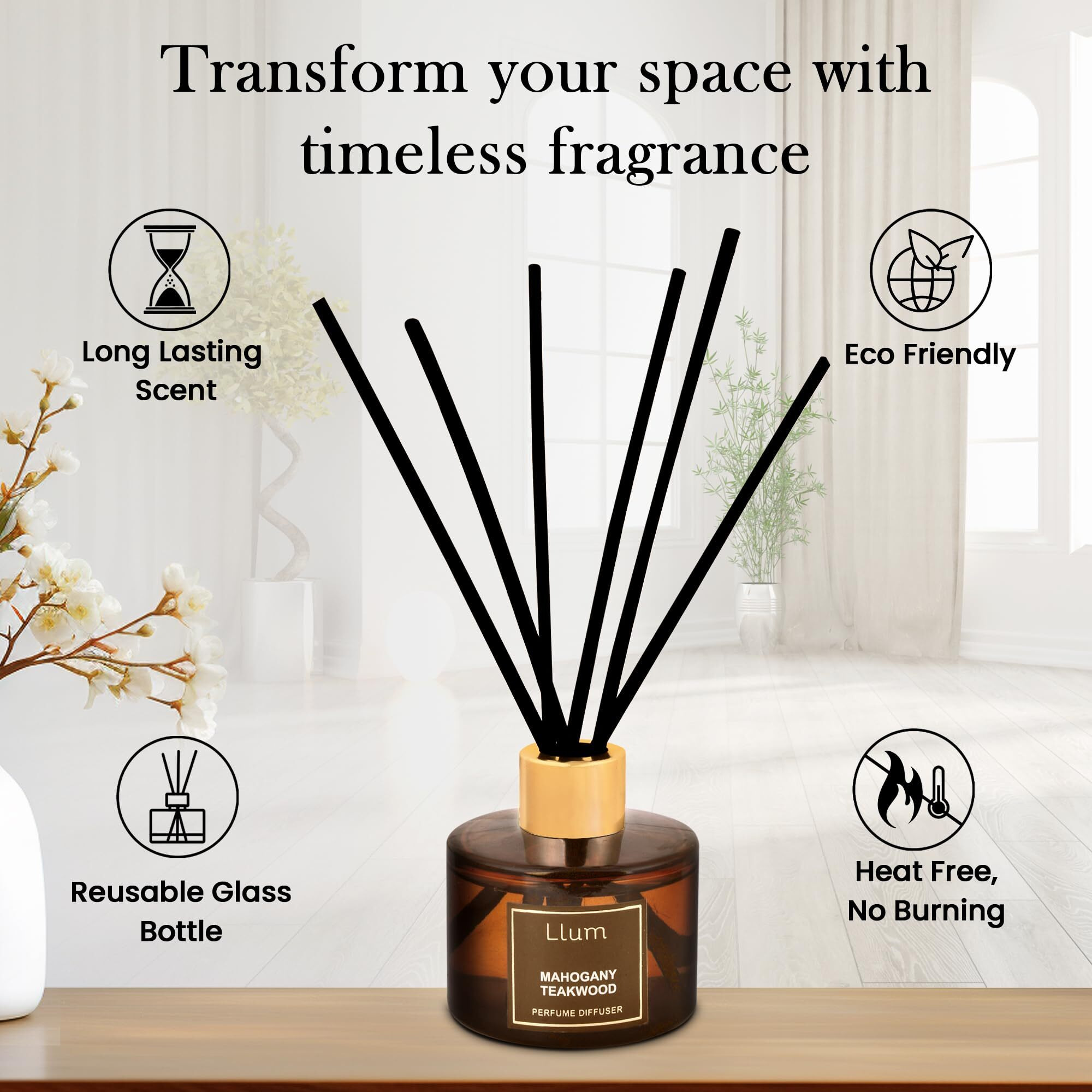 Llum Mahogany Teakwood Reed Diffuser Set | Premium Room Freshener for Living Room, Washroom, Bedroom, Office | Organic, Toxin Free Home Fragrance, Aromatherapy | Luxurious Scent | Elegant Gift | 100ml