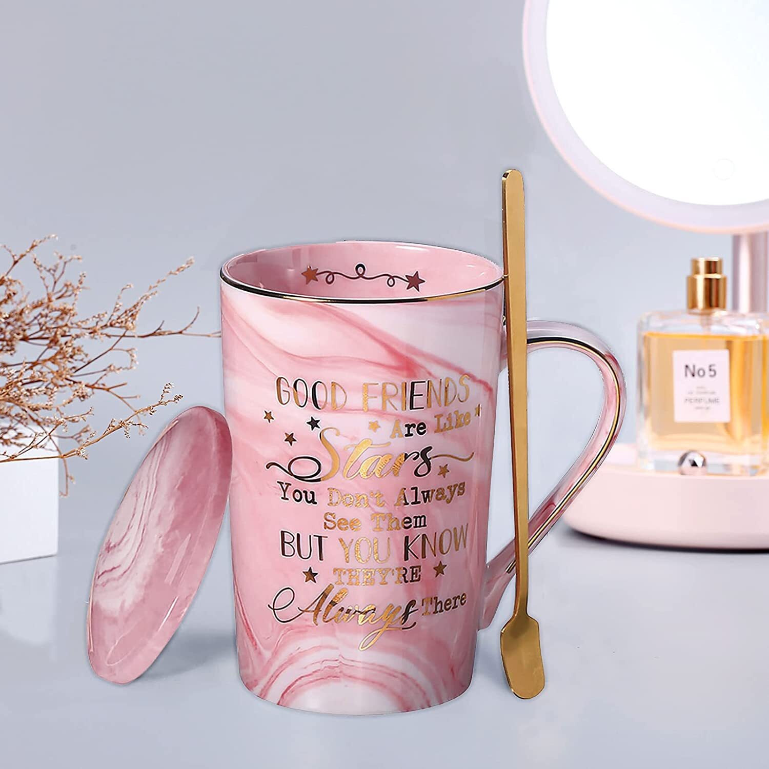 NYRWANA Coffee Mug, Birthday Gift for Girls, Mugs for Coffee, Birthday Gift for Women, Coffee Mug with Lid, Ceramic Mug, Birthday Gift for Friend, Ceramic Mug with Spoon & Gift Box (400ml - Pink)