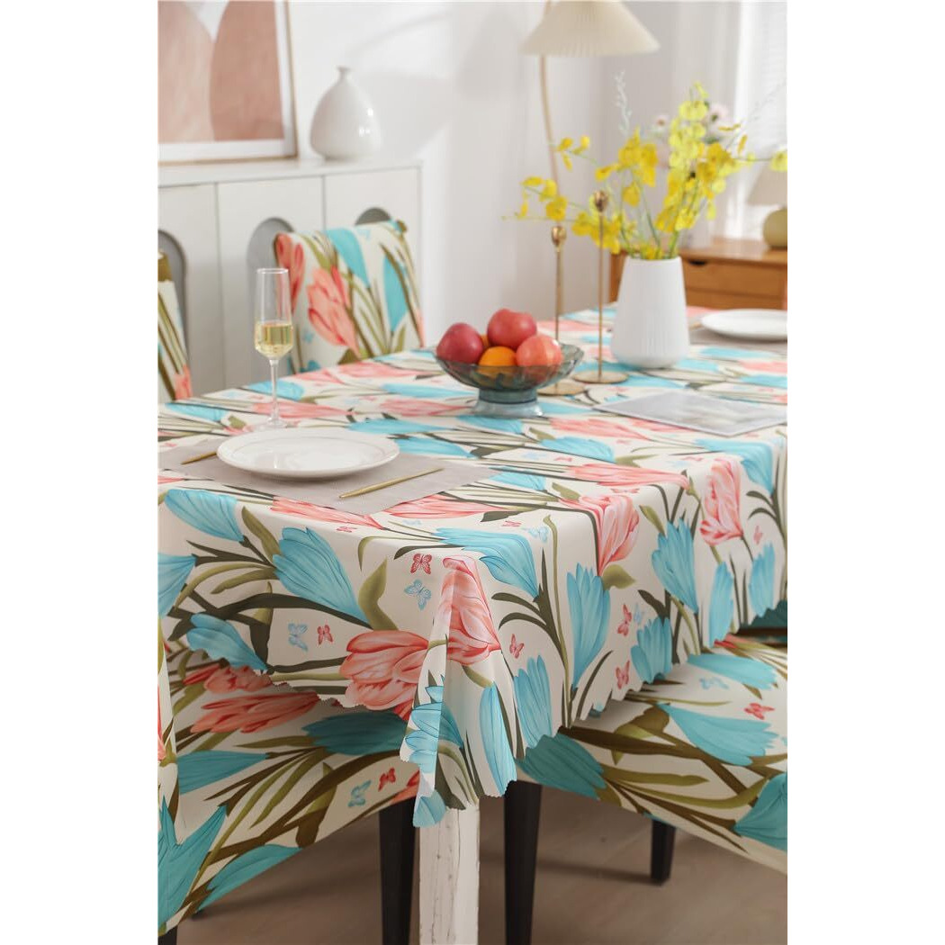 Crudly Table Cloth Matching Dining Chair Cover Set Waterproof Oil Proof Rectangle PvcTable Covers Seat Protector Elastic Chair Cover Printed (140x180, 1 Table Cover + 4 Chair Cover, Beige Tulip)