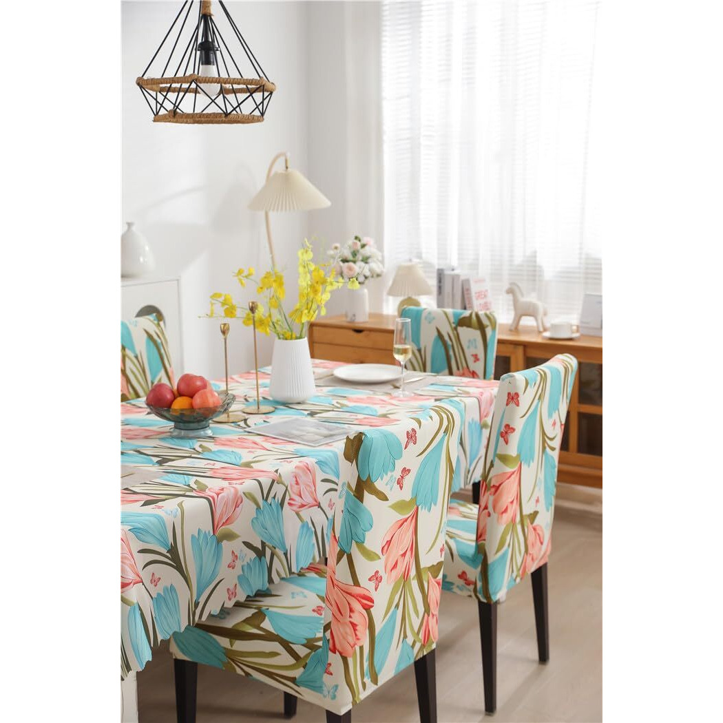 Crudly Table Cloth Matching Dining Chair Cover Set Waterproof Oil Proof Rectangle PvcTable Covers Seat Protector Elastic Chair Cover Printed (140x180, 1 Table Cover + 4 Chair Cover, Beige Tulip)