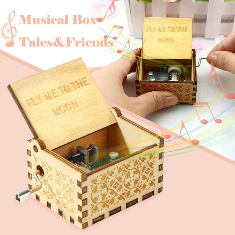 Eitheo Engraved Hand Cranked Wooden Musical Toy Handcrafts Flymemoon Theme Music Box Brown