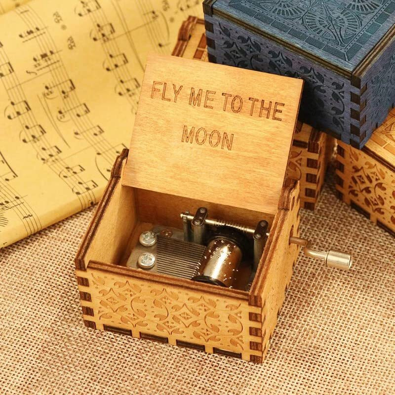 Eitheo Engraved Hand Cranked Wooden Musical Toy Handcrafts Flymemoon Theme Music Box Brown