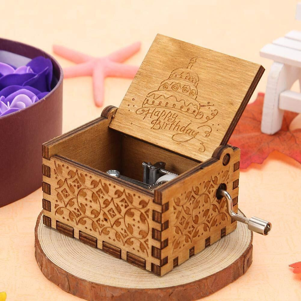 EITHEO Wooden Antique Carved Hand Crank Multicolor Happy Birthday Theme Music Box