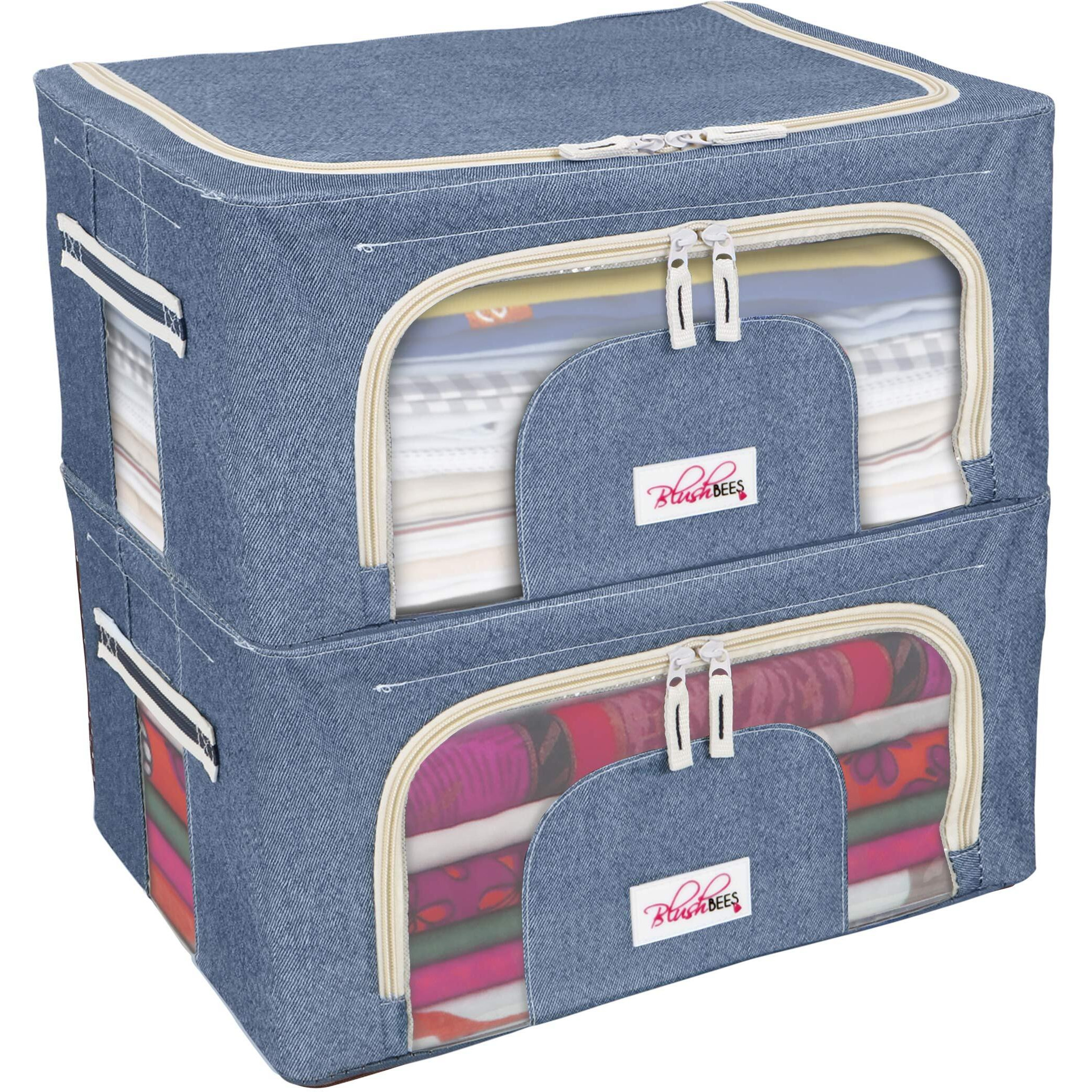 BlushBees Living Box - 600D Oxford Fabric Cloth Storage Bags, Wardrobe Organizer - 24 Litre, Pack of 2, Cowboy Blue