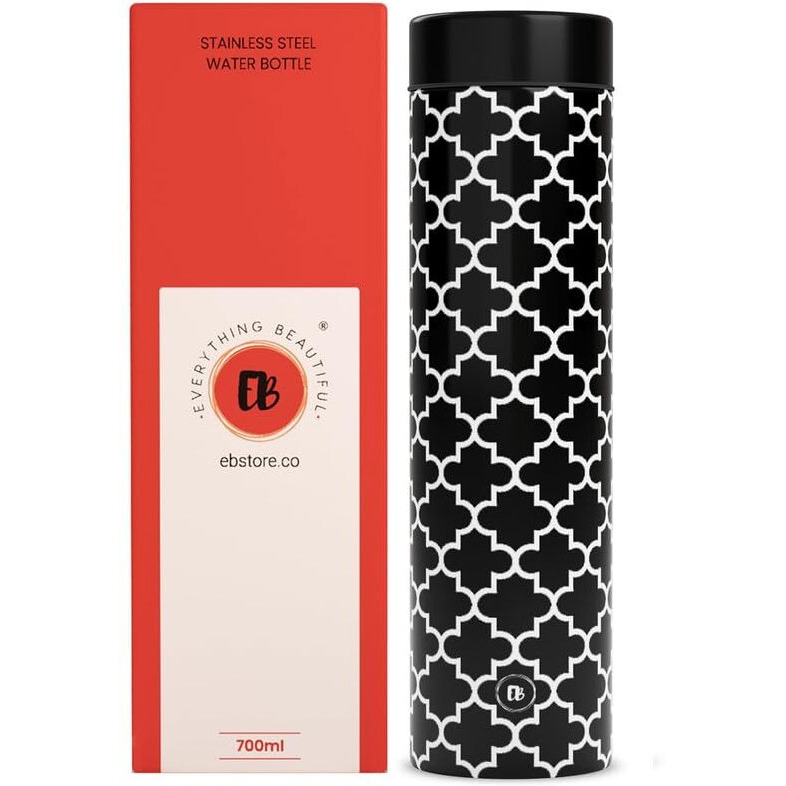 EB-Everything Beautiful Stainless Steel Water Bottle Pack of 4 Suitable For Home Fridge Office School Refrigerator Gym Bottles For Adult Kids Girls & Boys (750ml, Smooth Black Moroccan)
