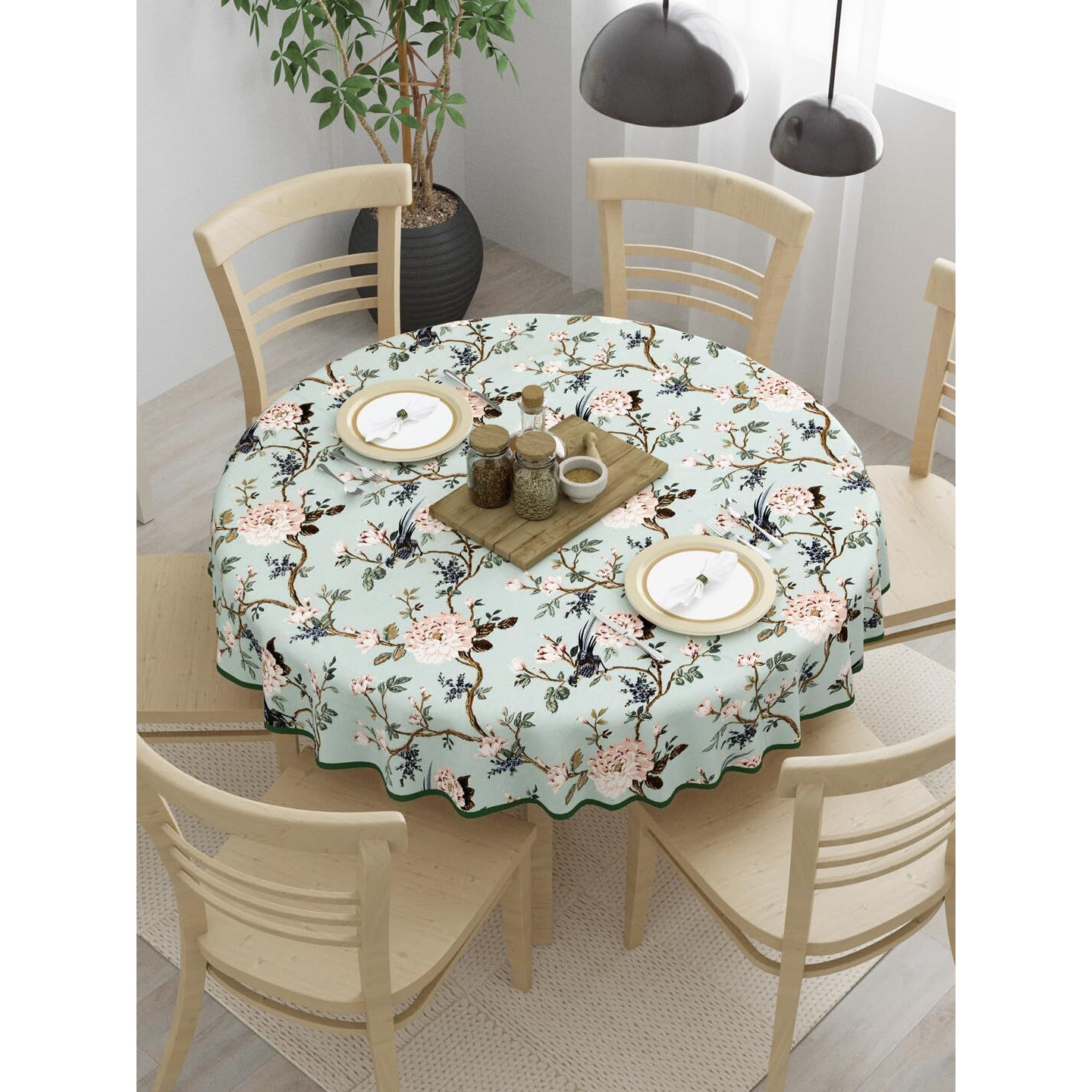 Clasiko 100% Cotton 6 Seater Round Table Cover 72x72 Inches Peach Flowers