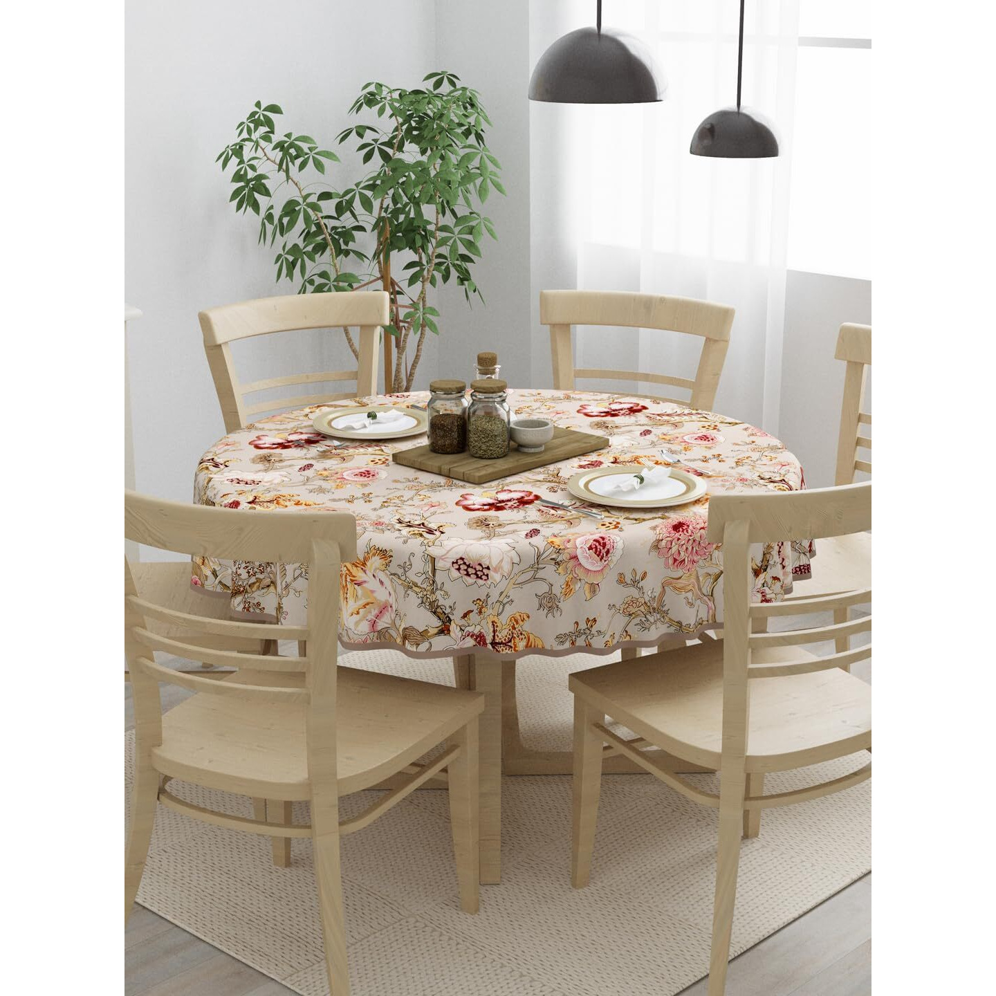 Clasiko 100% Cotton 6 Seater Round Table Cover 72x72 Inches Multicolor Flowers On Beige