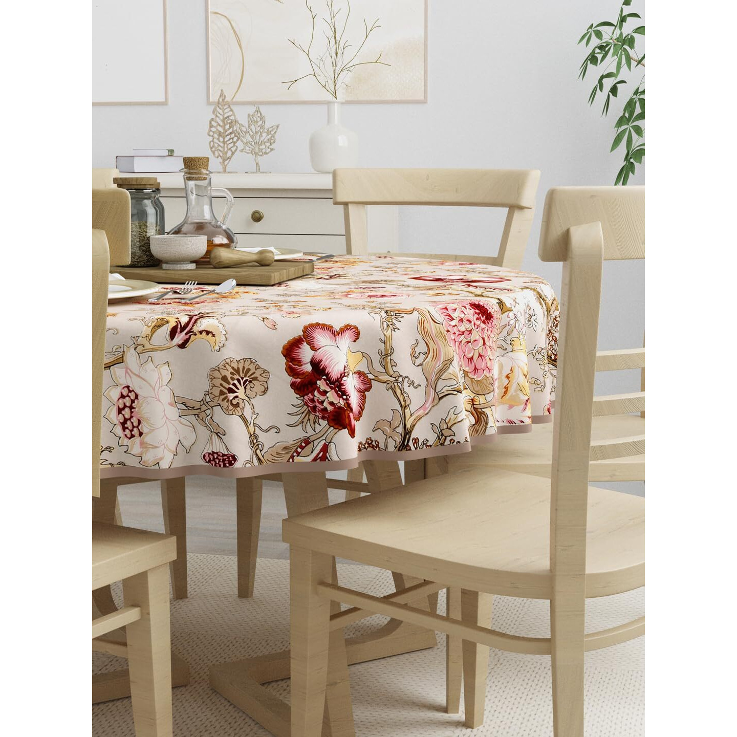 Clasiko 100% Cotton 6 Seater Round Table Cover 72x72 Inches Multicolor Flowers On Beige