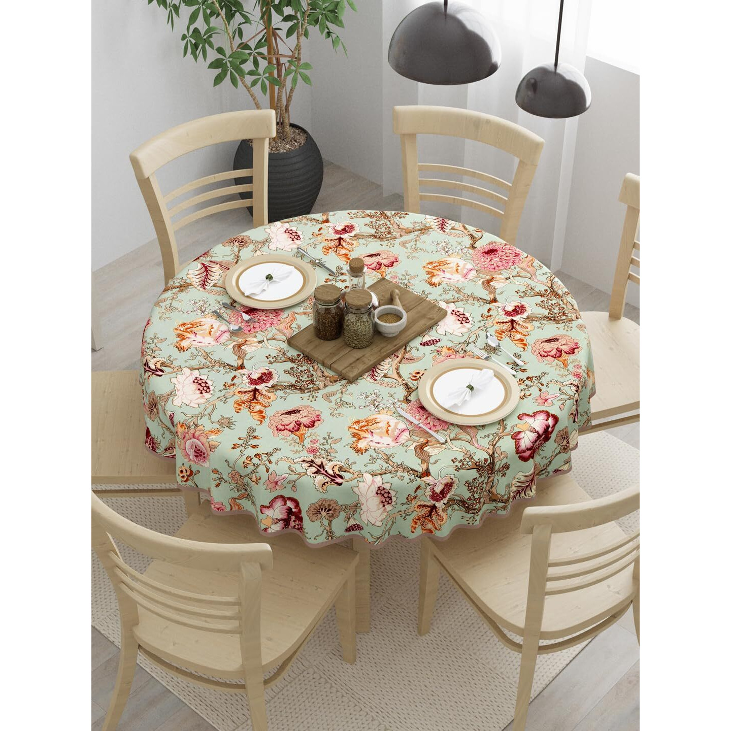 Clasiko 100% Cotton 6 Seater Round Table Cover 72x72 Inches Multicolor Flowers On Green