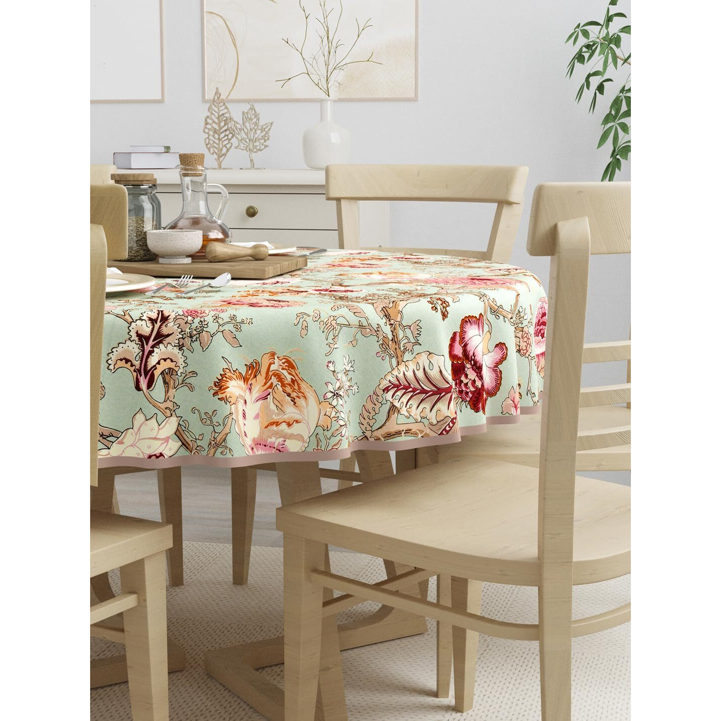 Clasiko 100% Cotton 6 Seater Round Table Cover 72x72 Inches Multicolor Flowers On Green