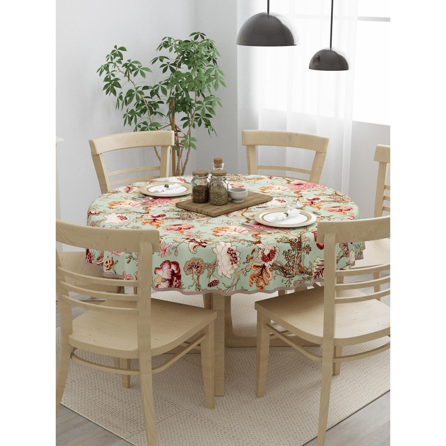 Clasiko 100% Cotton 6 Seater Round Table Cover 72x72 Inches Multicolor Flowers On Green