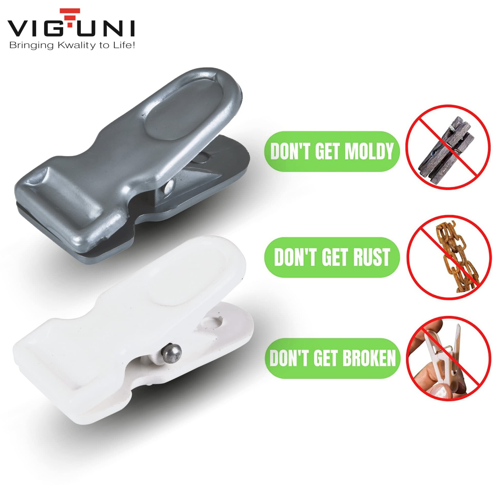 Viguni Cloth Clips (Pack of 30) Heavy Duty Premium Multipurpose Clothes Clip for Indoor and Outdoor, Strong and Durable, Clips for Clothes, Anti Rust Peg, Clothes Drying Pegs Hanger - White/Silver