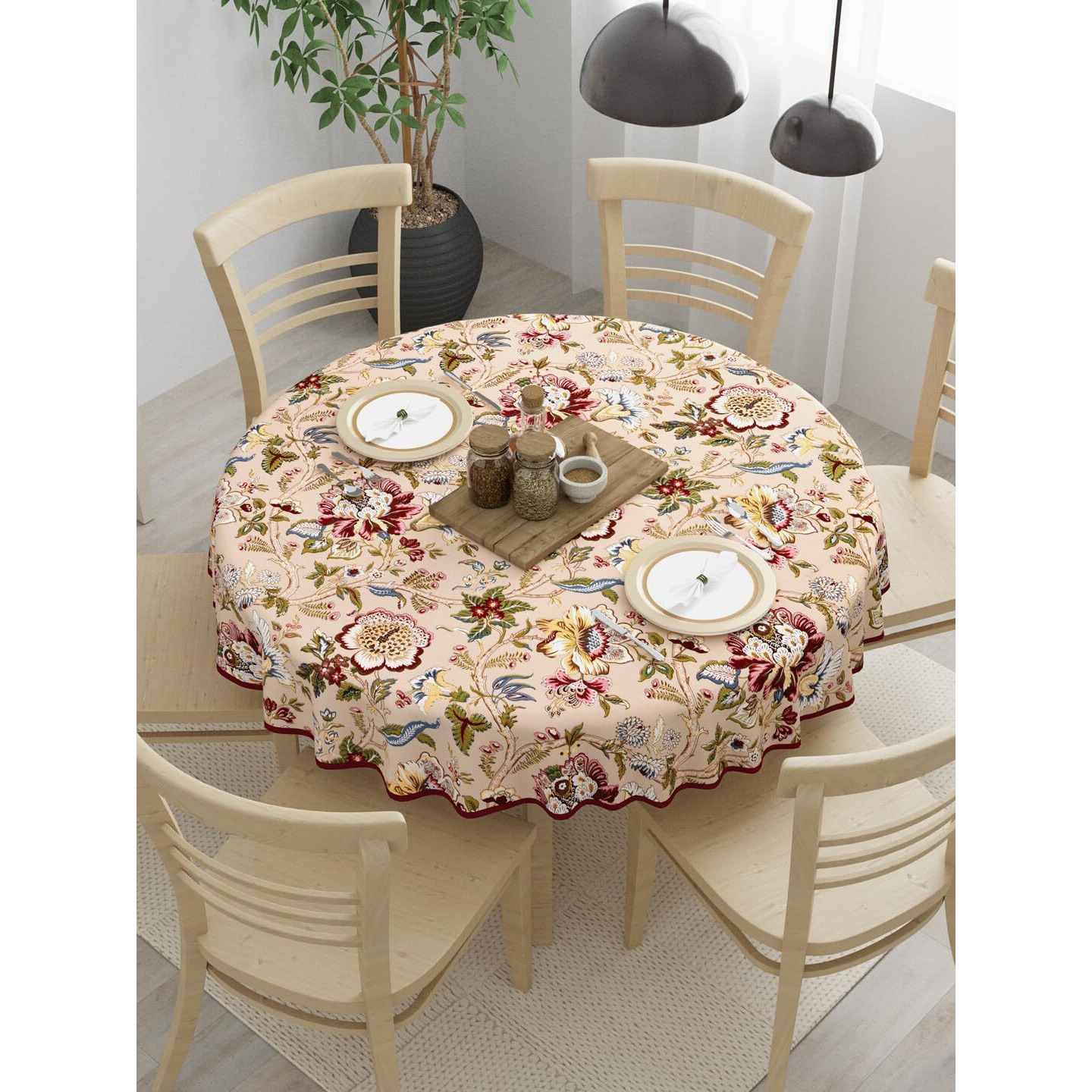 Clasiko 100% Cotton 6 Seater Round Table Cover 72x72 Inches Multicolor Flowers