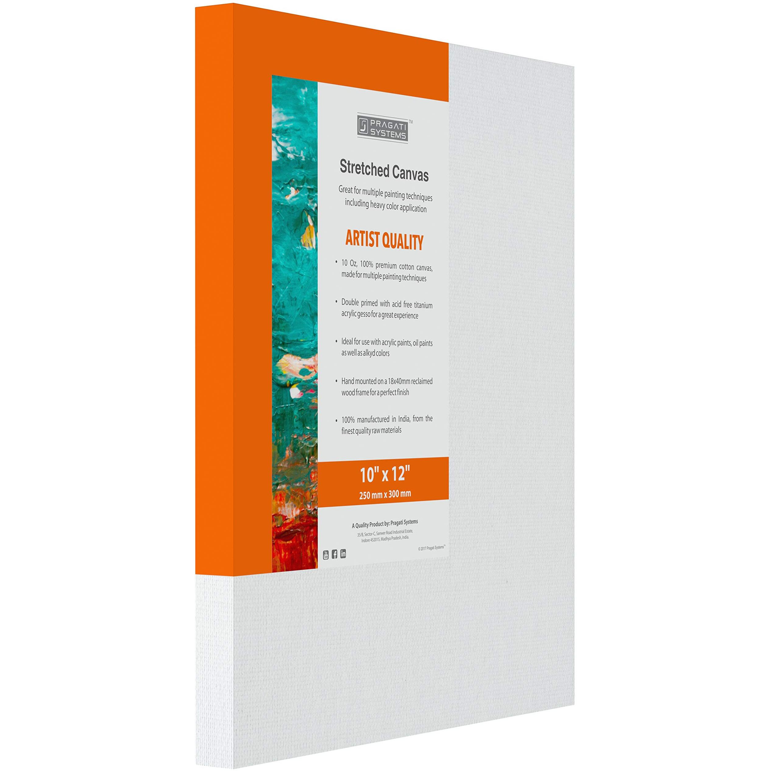 Pragati Systems Medium Grain 10x12 Inch 10 Oz. Primed Cotton Pre Stretched Canvas with Wooden Frame for Painting ACS1012, White (Pack of 4)