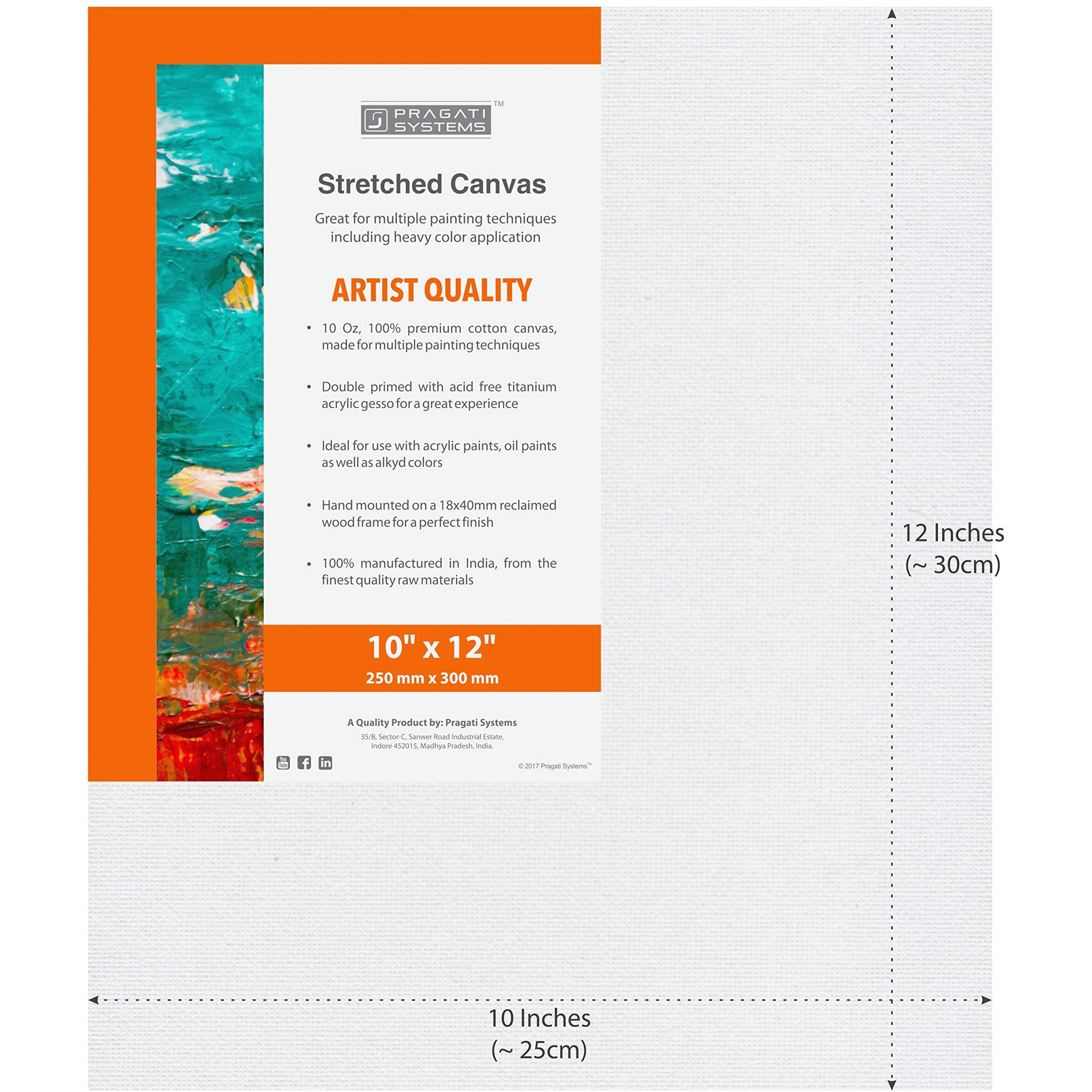 Pragati Systems Medium Grain 10x12 Inch 10 Oz. Primed Cotton Pre Stretched Canvas with Wooden Frame for Painting ACS1012, White (Pack of 4)