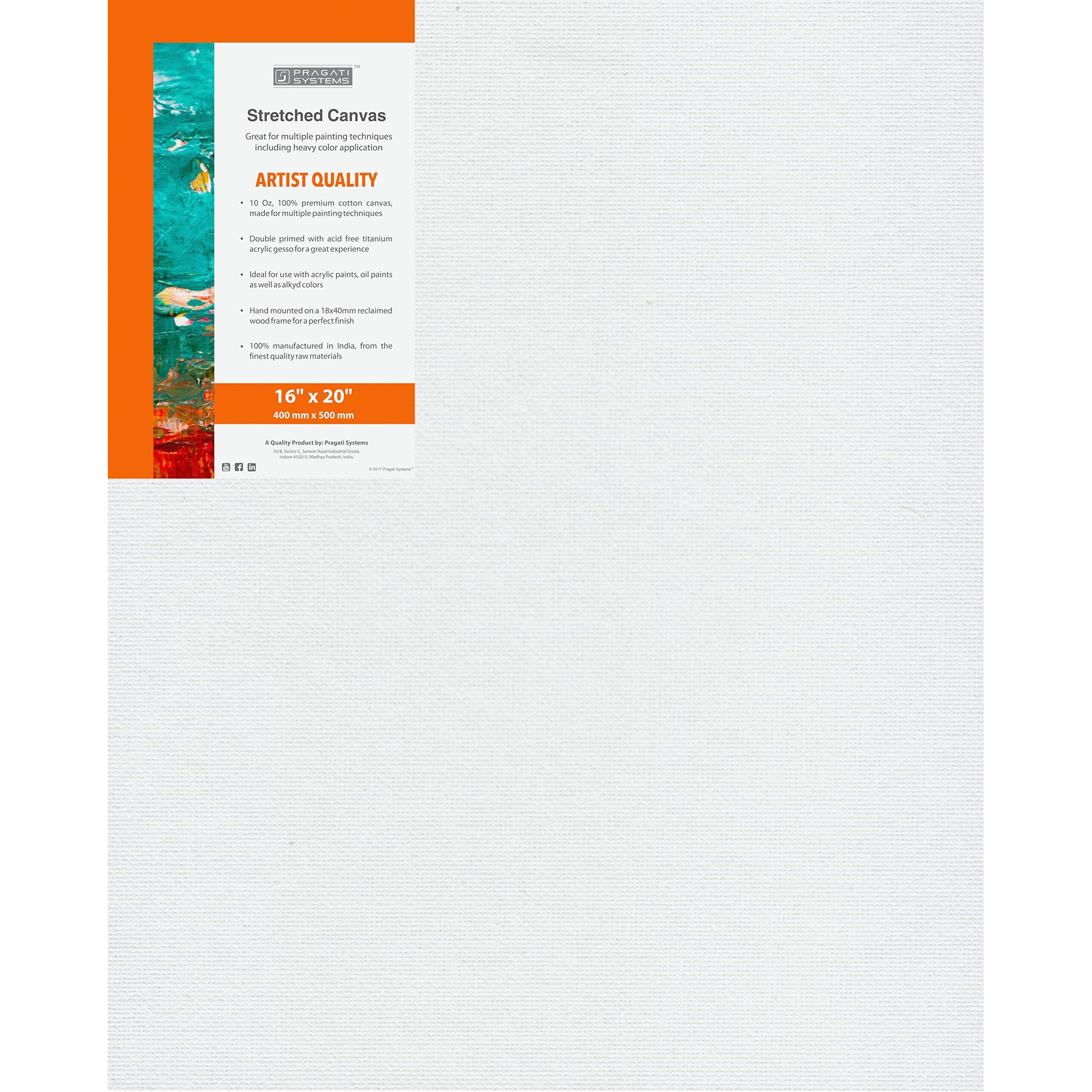 Pragati Systems Medium Grain 16x20 Inch 10 Oz. Primed Cotton Pre Stretched Canvas with Wooden Frame for Painting ACS1620, White (Pack of 1)