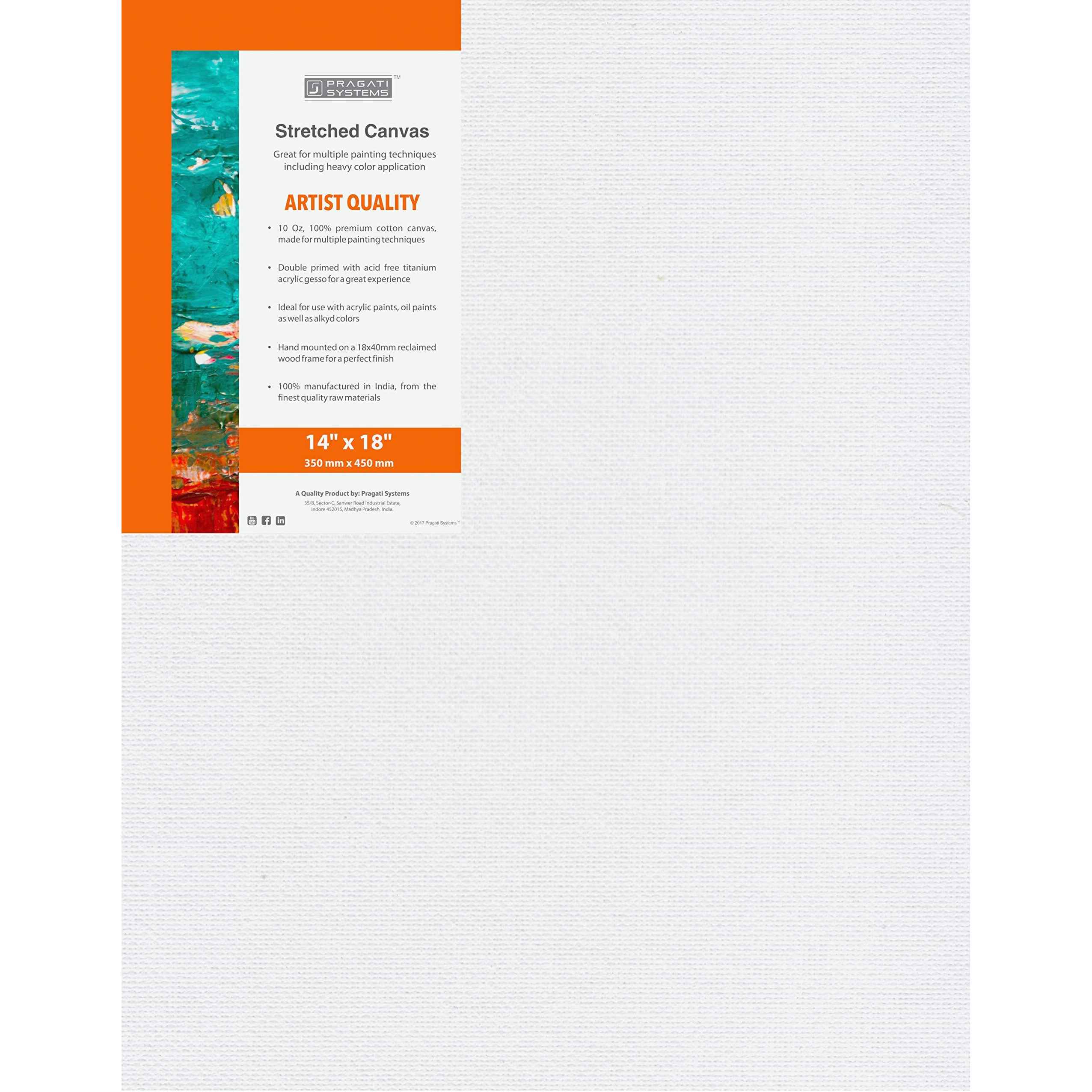 Pragati Systems Medium Grain 14x18 Inch 10 Oz. Primed Cotton Pre Stretched Canvas with Wooden Frame for Painting ACS1418, White (Pack of 1)