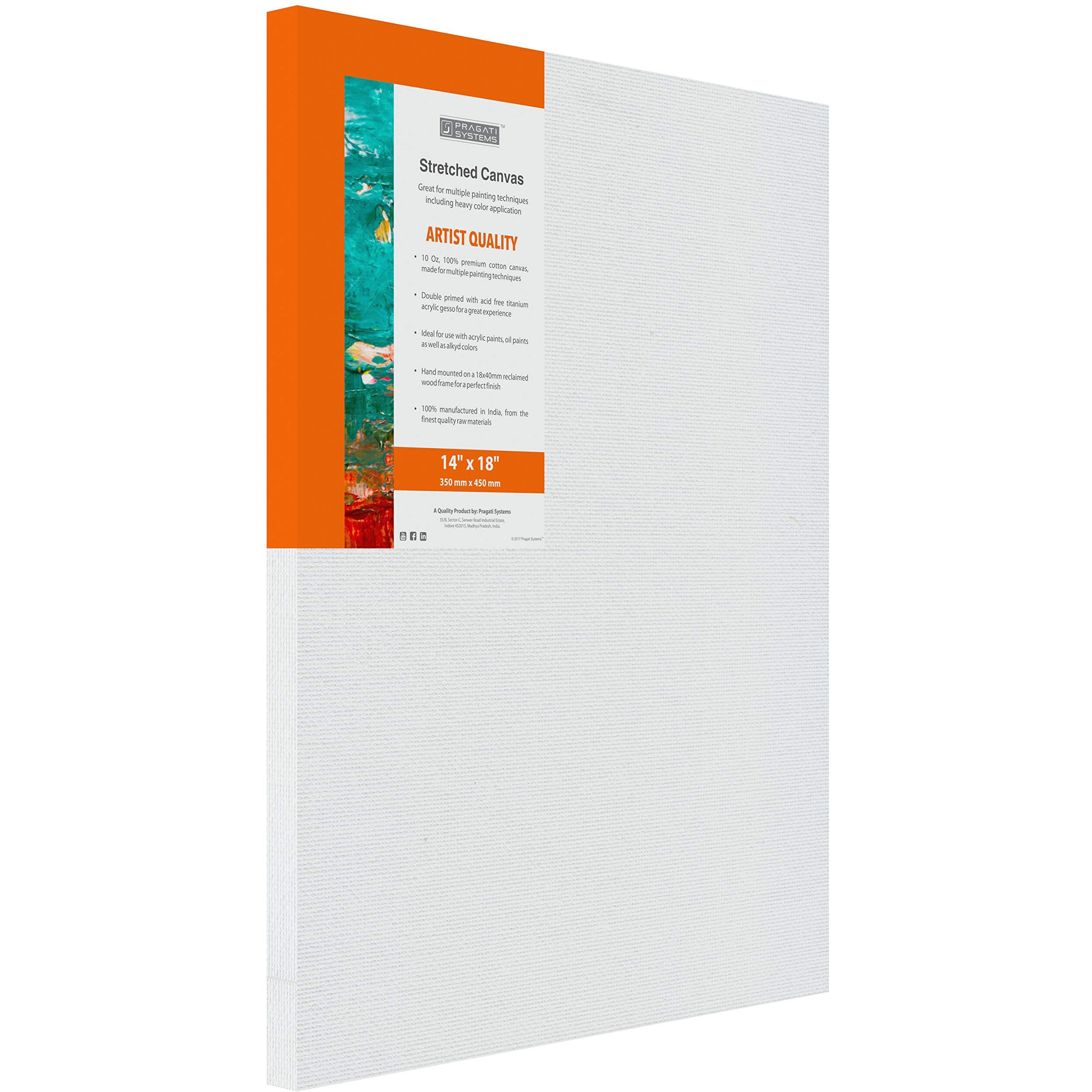Pragati Systems Medium Grain 14x18 Inch 10 Oz. Primed Cotton Pre Stretched Canvas with Wooden Frame for Painting ACS1418, White (Pack of 1)