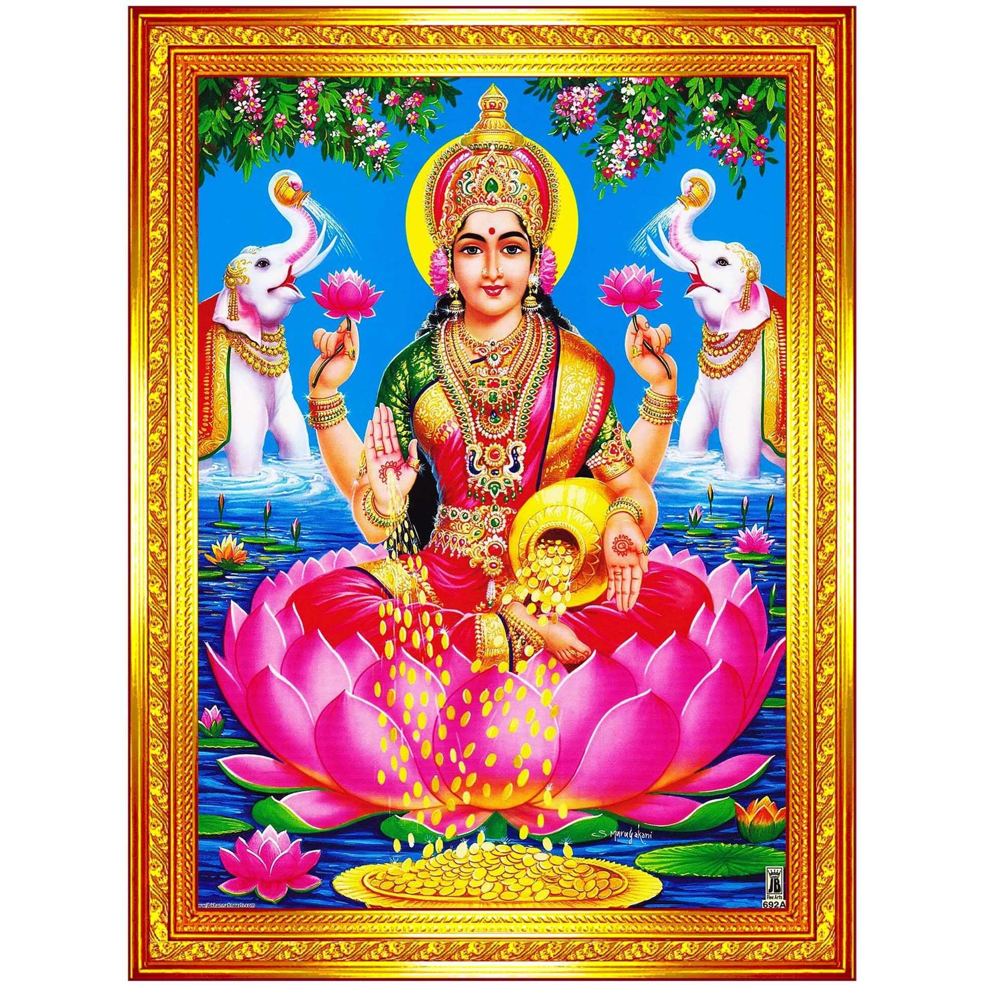Pavan Photo Laminations Goddess Lakshmi Devi Dhana Vaibhav Laxmi Maa Wall Painting Framed Home Decor (Wood,Matte,Gold,Small Size,6 x 8 Inch) R317S
