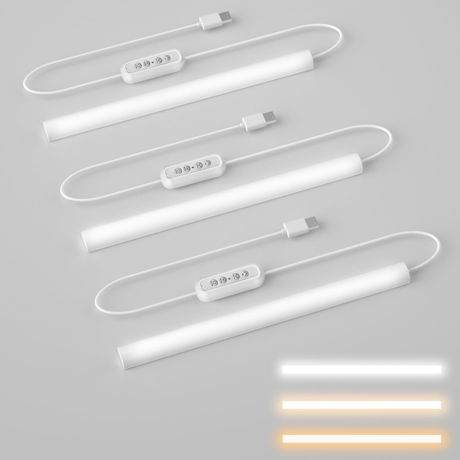 Hoteon Led Under Cabinet Light, Closet Light with 3 Color Modes(3000K/4000K/5700K), 10 Level Brightness, 7W USB Plug Batten Light, Counter Light, White (3 Pack) (Upgrade Version)